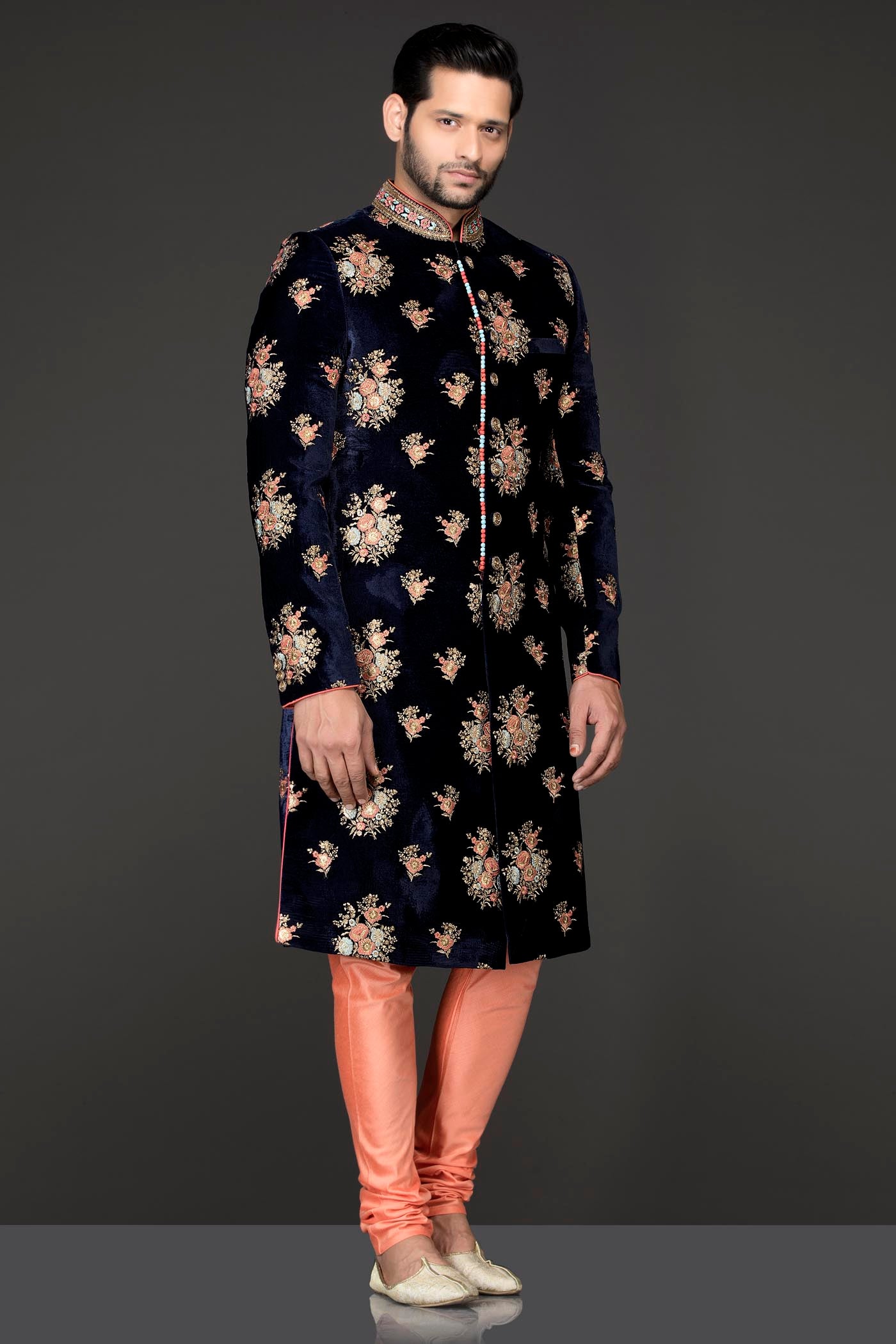 Navy Blue Velvet Sherwani With Multicolour Resham And Gold Zari Embroidery With Peach Silk Bottoms