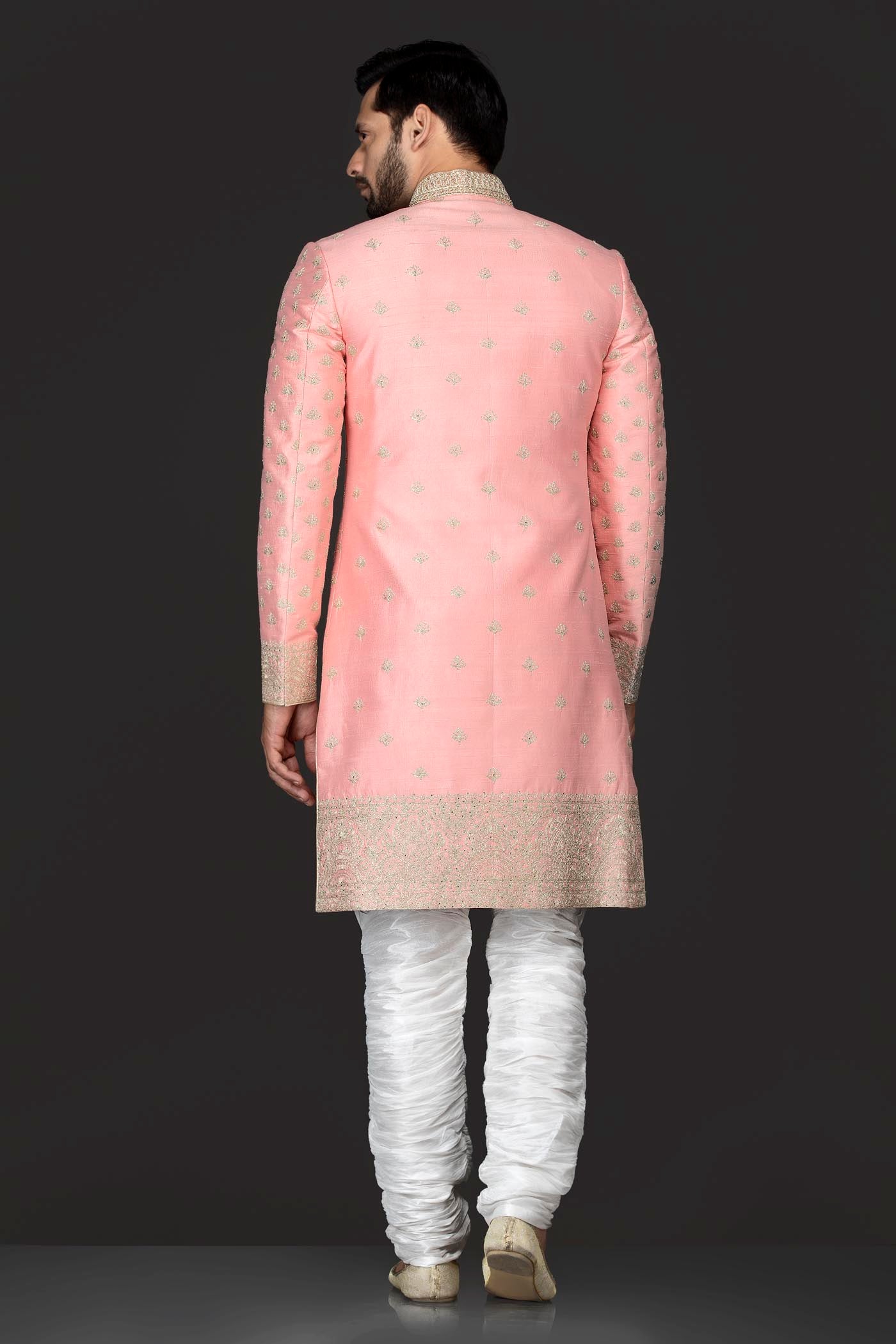 Peach Silk Sherwani With Silver Zari Embroidery And White Silk Bottoms