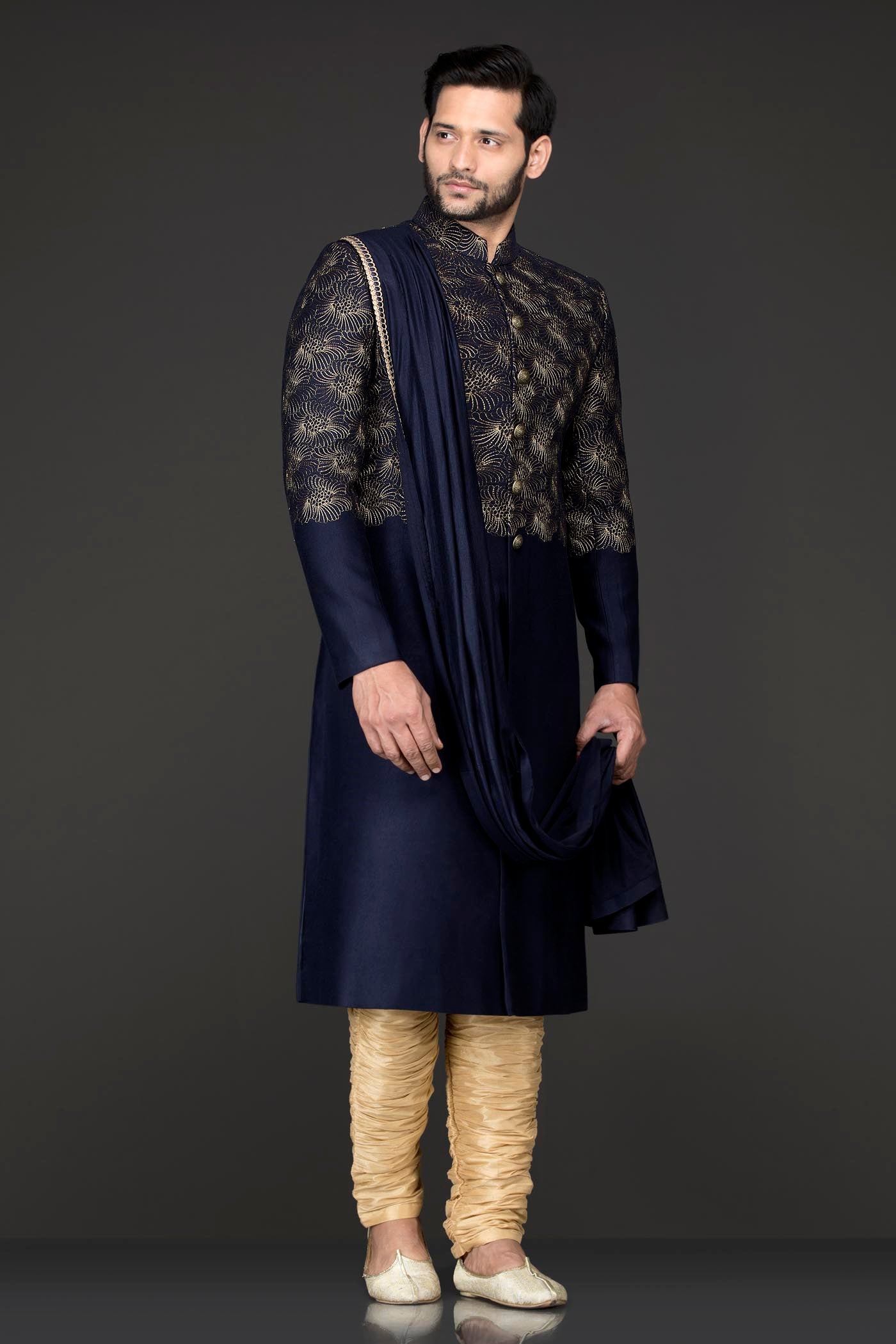 Blue Silk Suiting Jacket Sherwani With Shoulder Lycra Drape With Gold Silk Chudidar