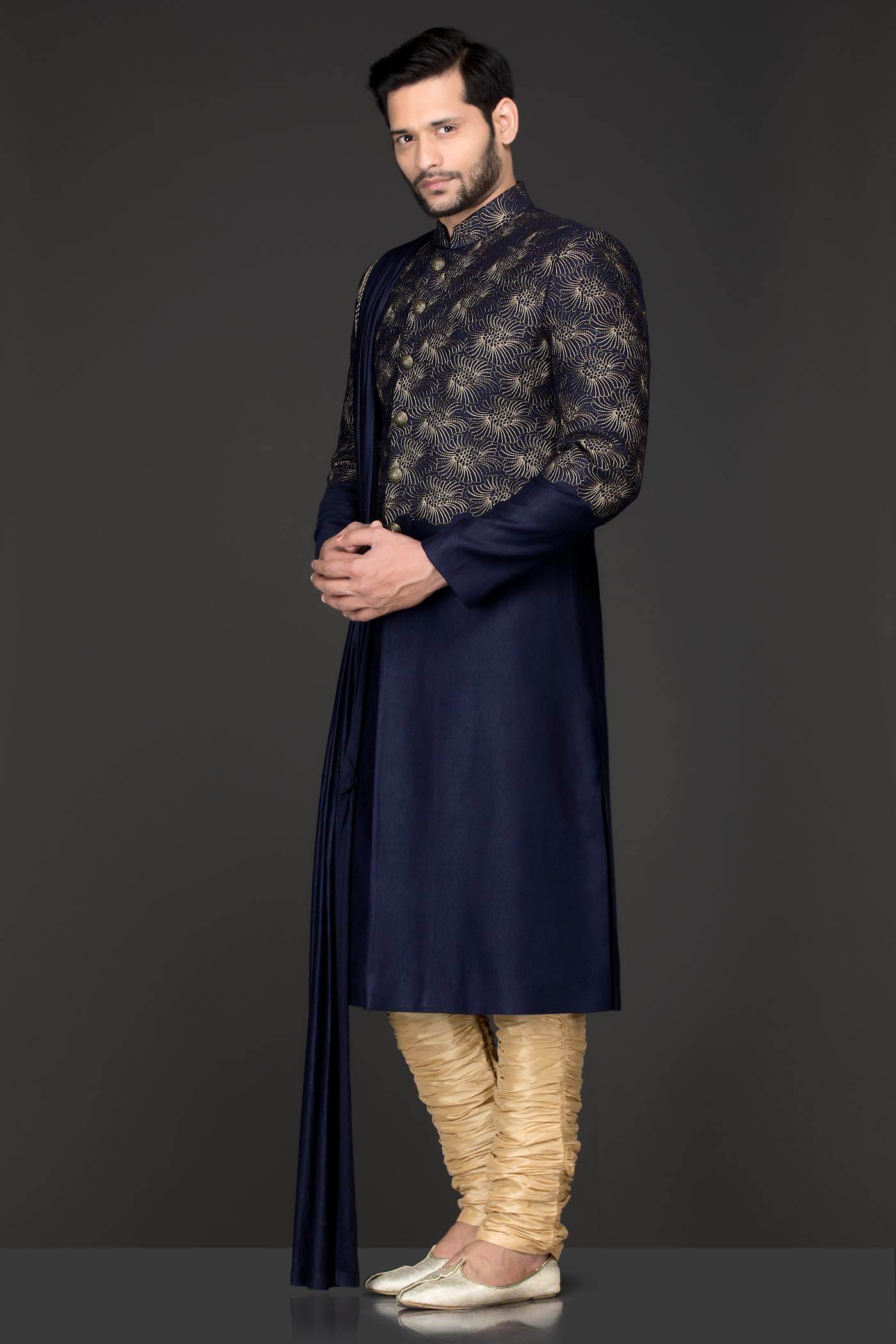 Blue Silk Suiting Jacket Sherwani With Shoulder Lycra Drape With Gold Silk Chudidar