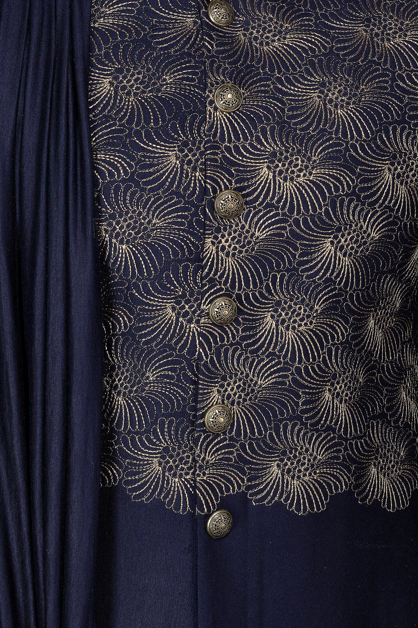 Blue Silk Suiting Jacket Sherwani With Shoulder Lycra Drape With Gold Silk Chudidar
