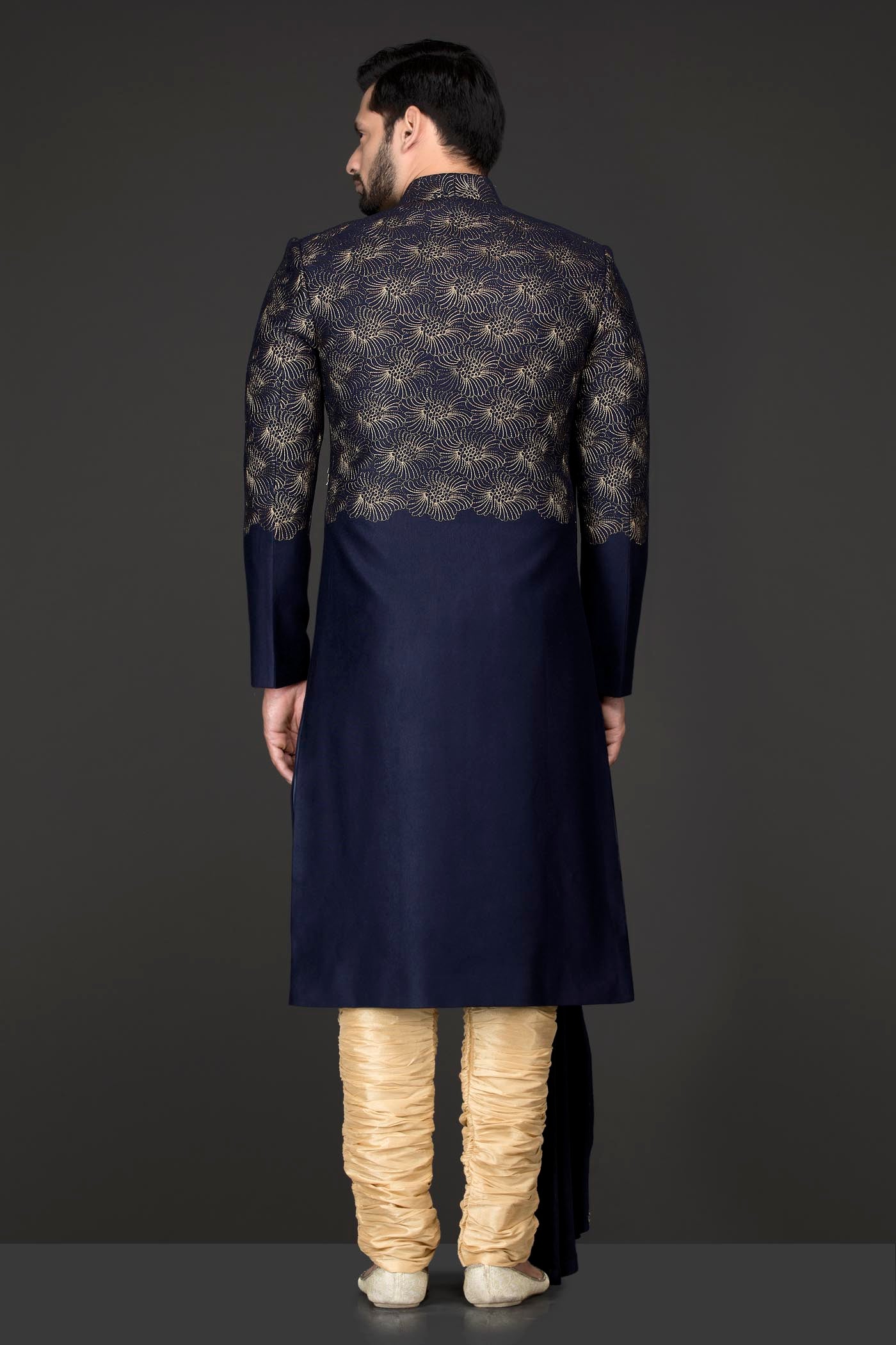 Blue Silk Suiting Jacket Sherwani With Shoulder Lycra Drape With Gold Silk Chudidar