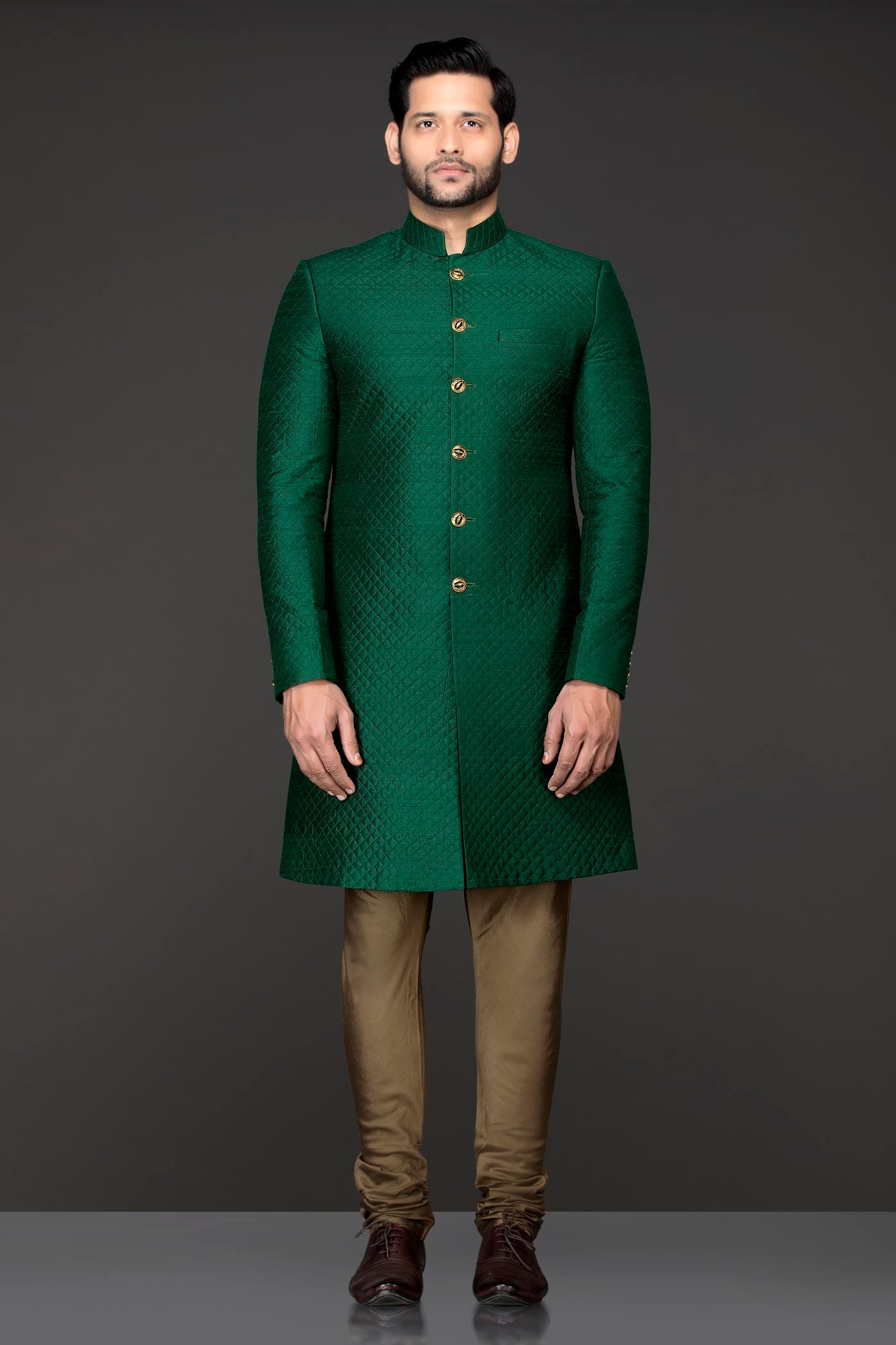 Emerald Green Quilted Fabric Sherwani With Gold Chudidar