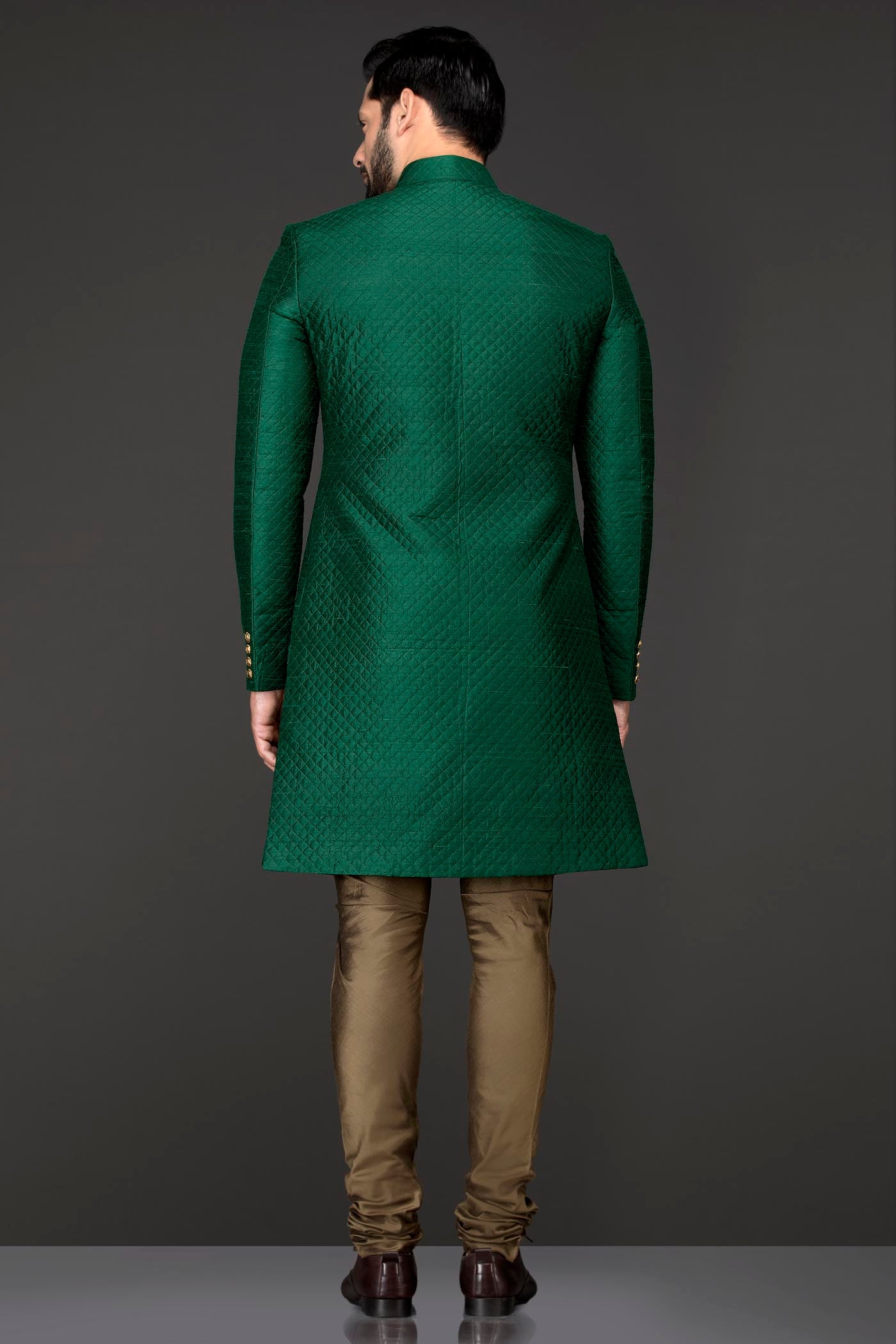Emerald Green Quilted Fabric Sherwani With Gold Chudidar