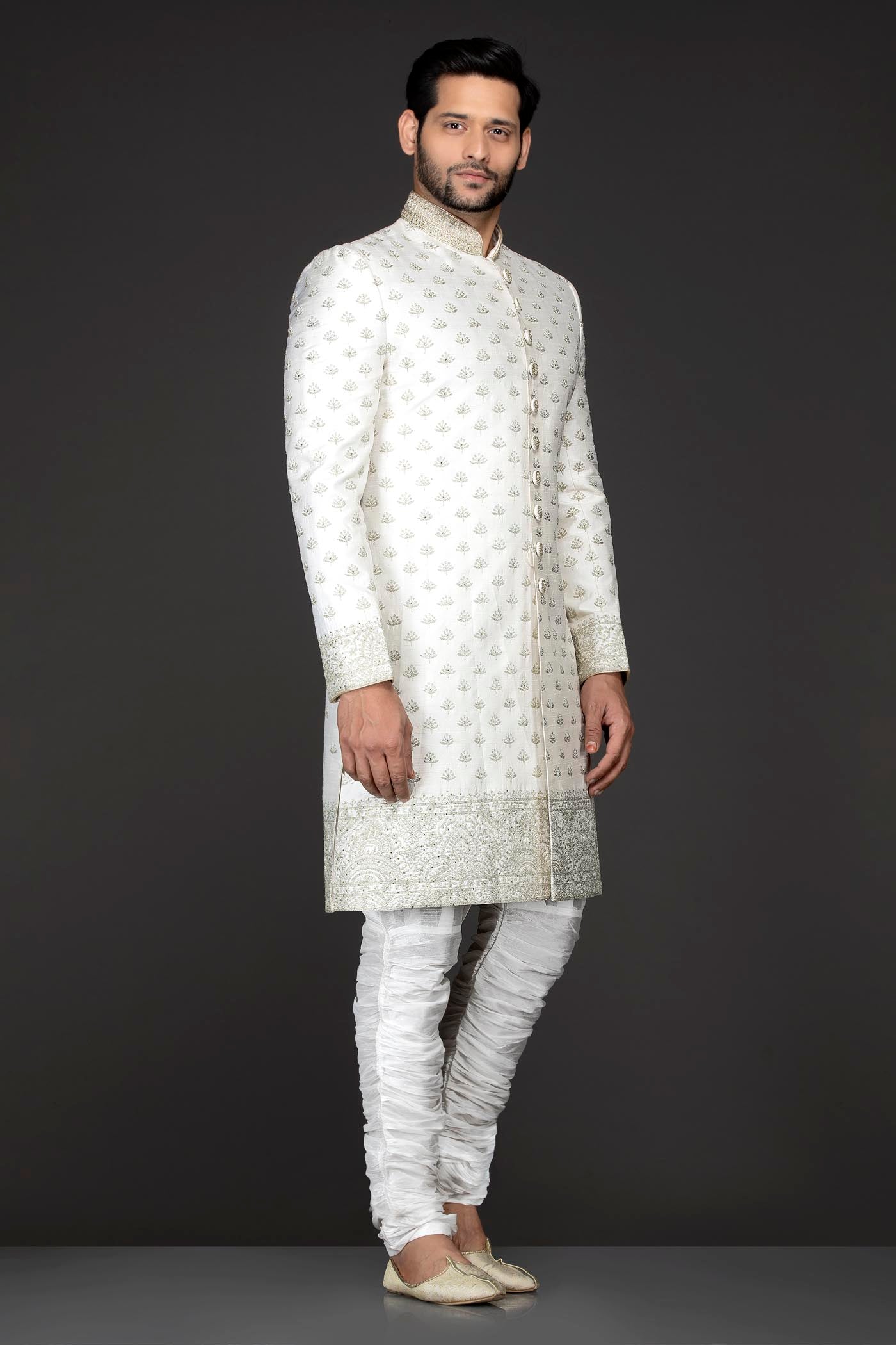 White Colour Silk Sherwani With Silver Zari Embroidery And White Silk Chudidar