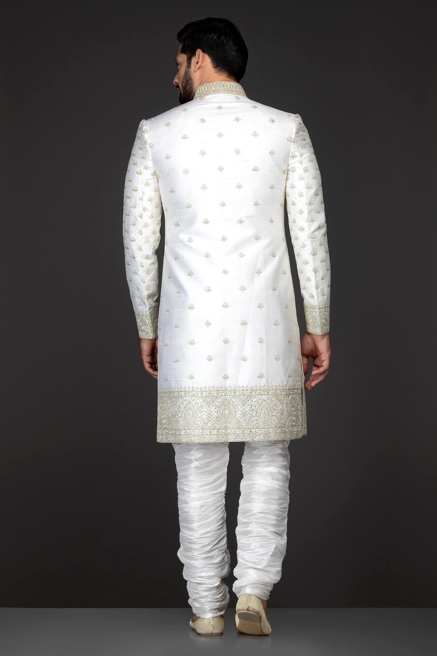 White Colour Silk Sherwani With Silver Zari Embroidery And White Silk Chudidar
