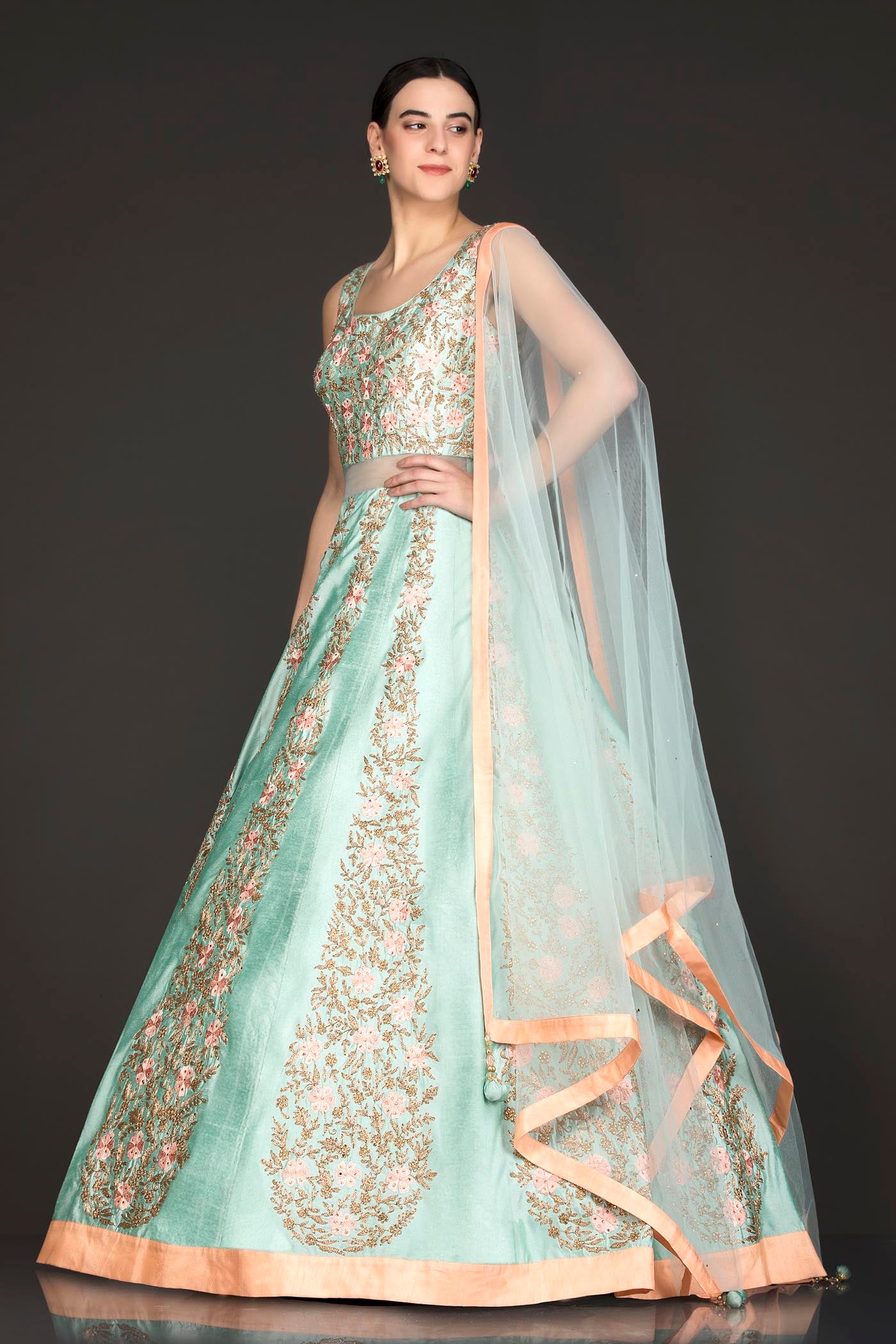 Mint Green Silk Anarkali/Gown With Net Dupatta And Resham/Thread And Gold Zari Embroidery