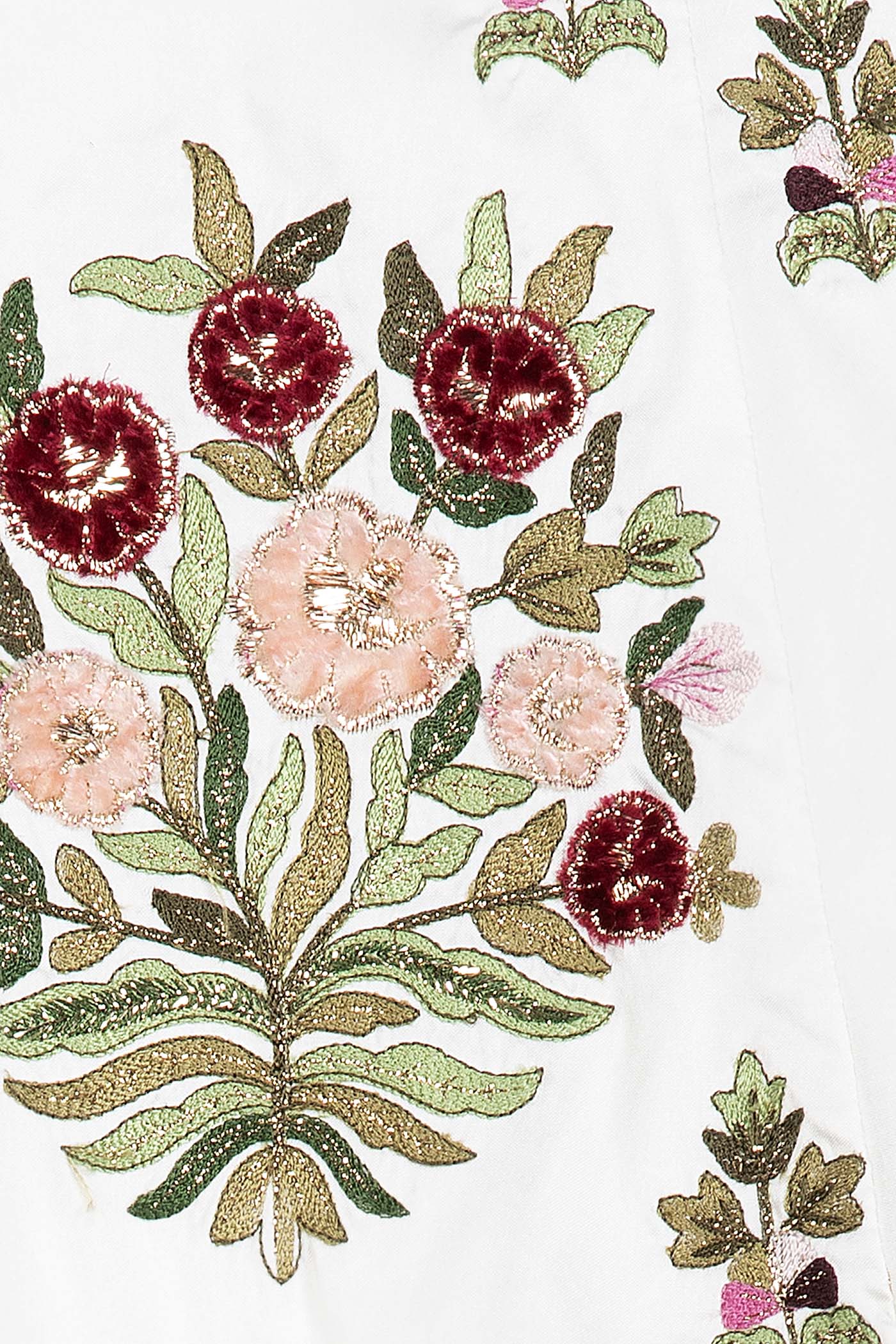 White Silk Lehenga Top With Maroon And Peach Velvet Patch Floral Embroidery