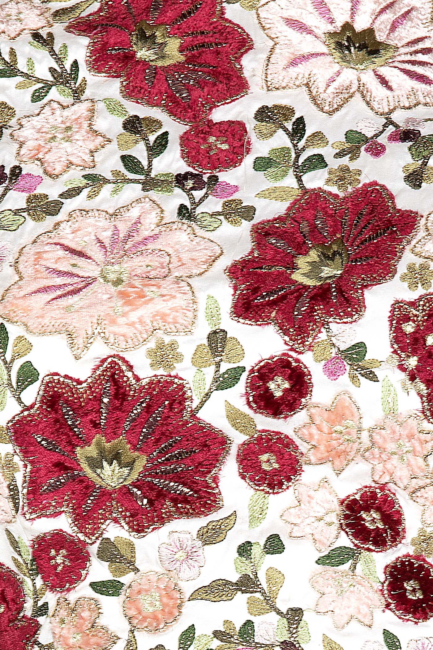 White Silk Lehenga Top With Maroon And Peach Velvet Patch Floral Embroidery