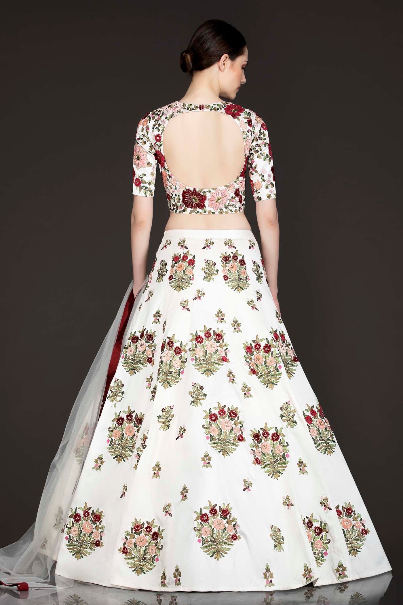 White Silk Lehenga Top With Maroon And Peach Velvet Patch Floral Embroidery