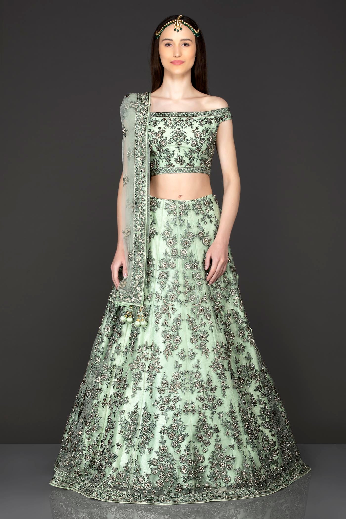 Mint Green Net Lehenga Top With Grey Thread/Resham Embroidery Highlighted With Silver Stones