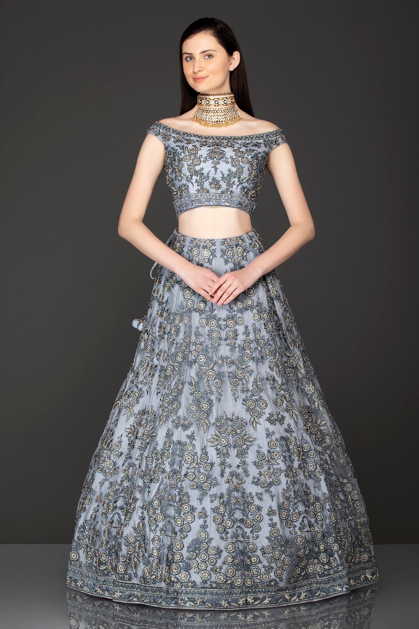 Grey Net Lehenga Top With Grey Resham/Thread Embriodery Highlighted With Silver Stones