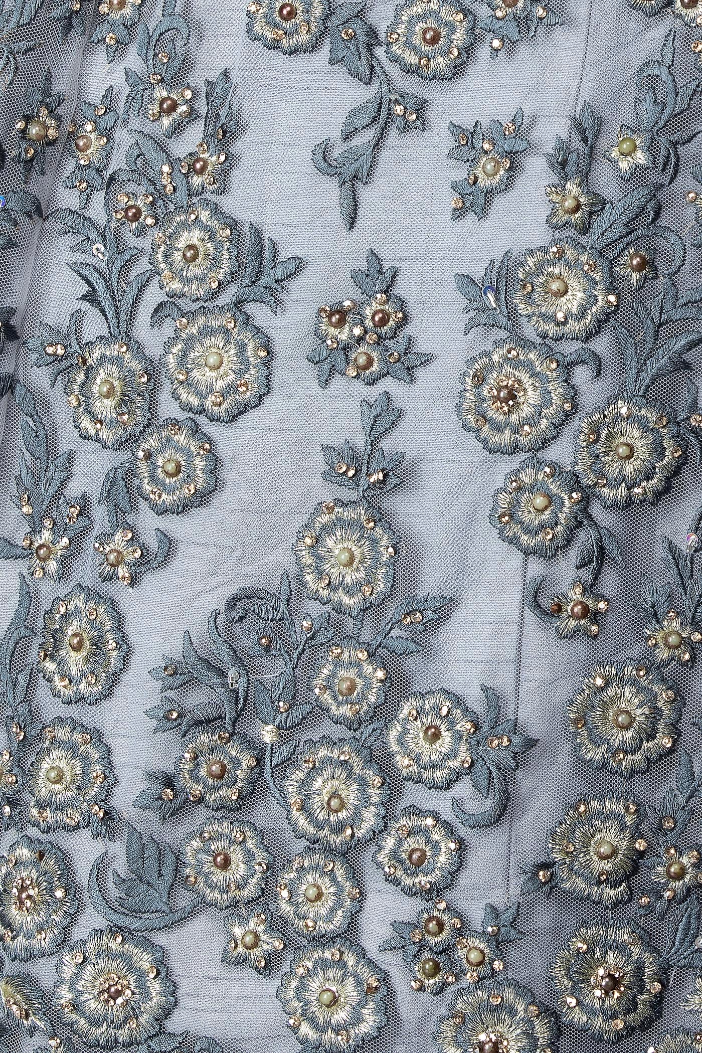 Grey Net Lehenga Top With Grey Resham/Thread Embriodery Highlighted With Silver Stones