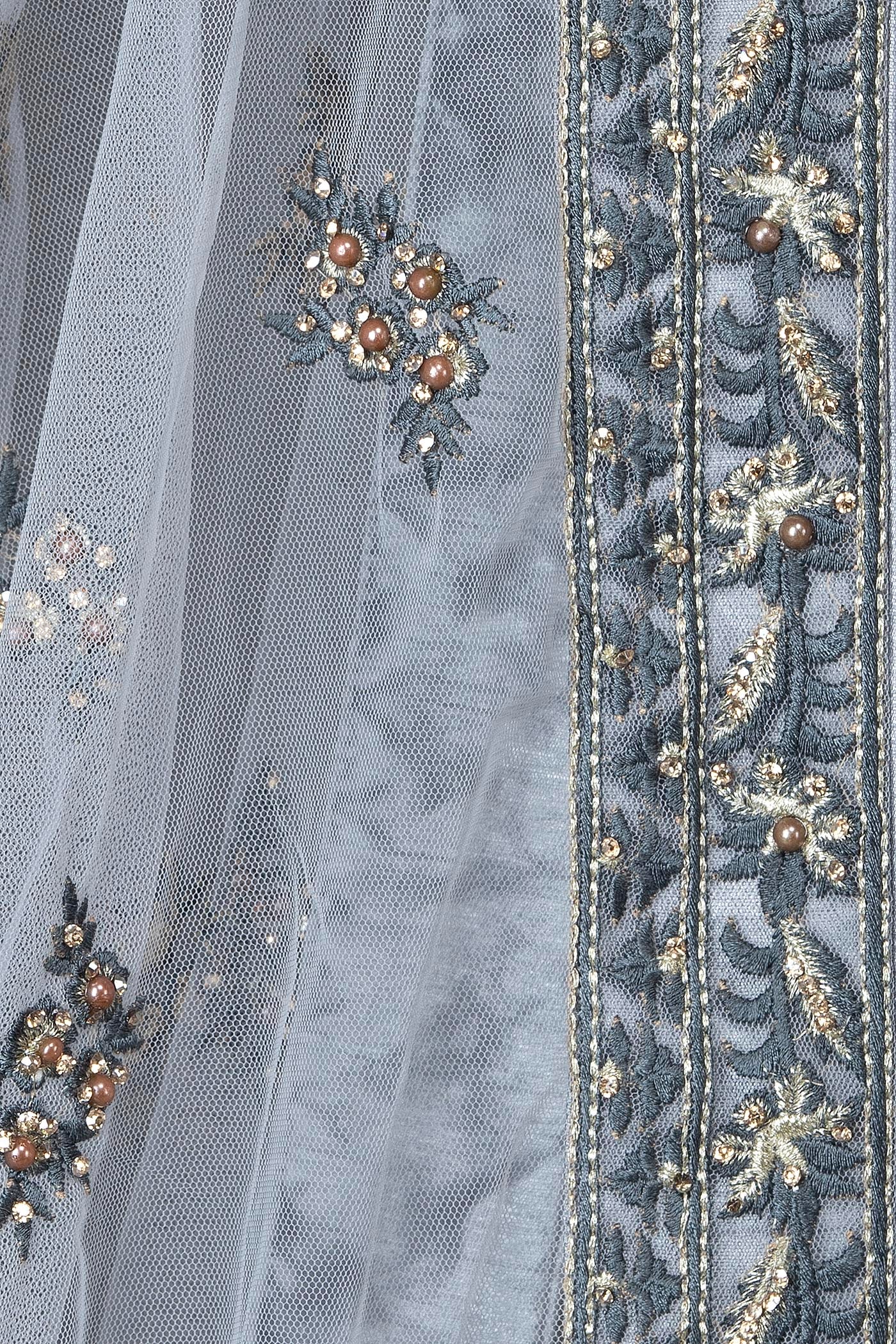 Grey Net Lehenga Top With Grey Resham/Thread Embriodery Highlighted With Silver Stones