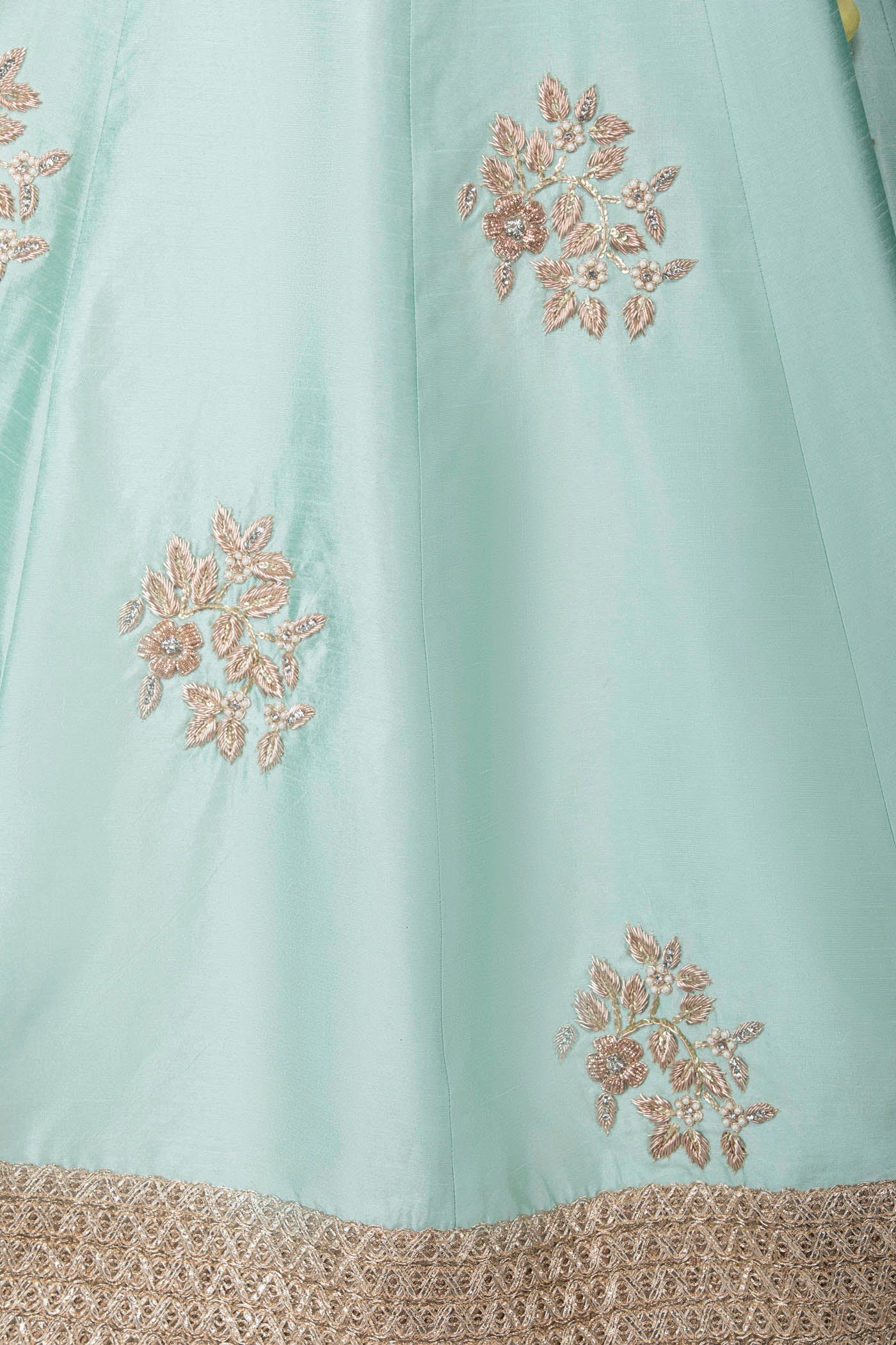 Silk Lehenga, Top and Net Dupatta with Gold Dabka and Pearl Embroidery