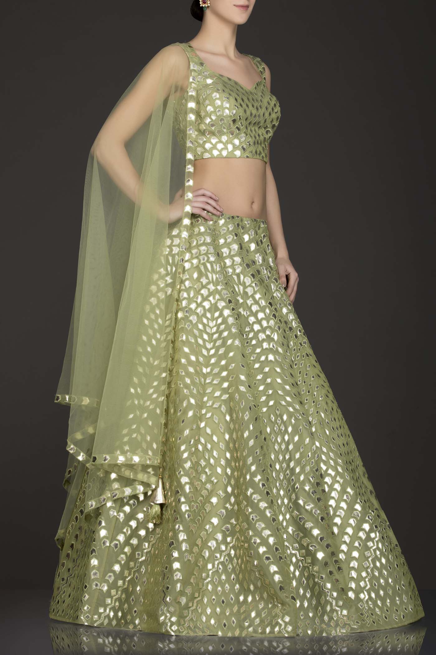 Olive Green Organza Lehenga-Top With Leather Patch Embroidery