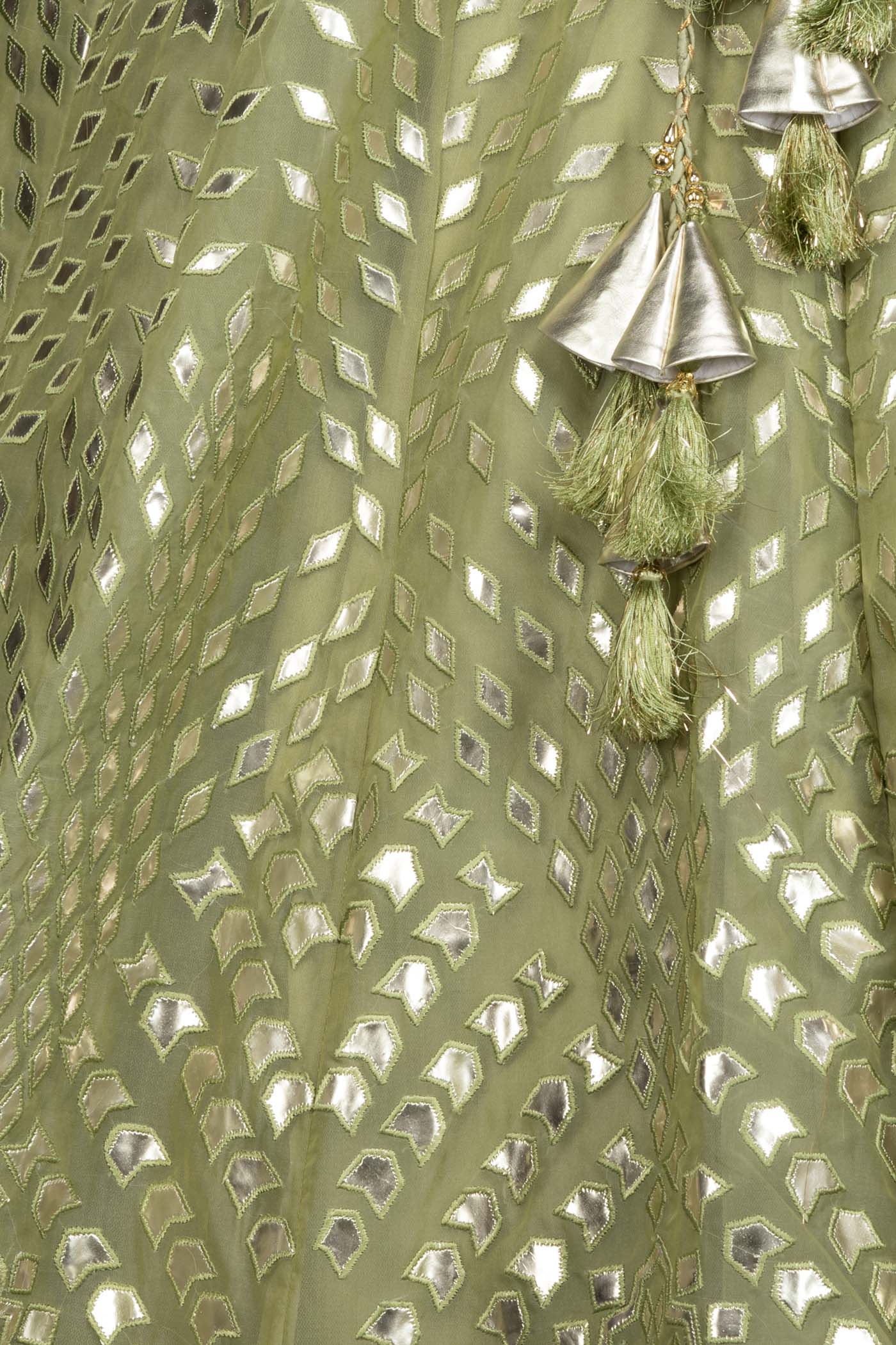 Olive Green Organza Lehenga-Top With Leather Patch Embroidery