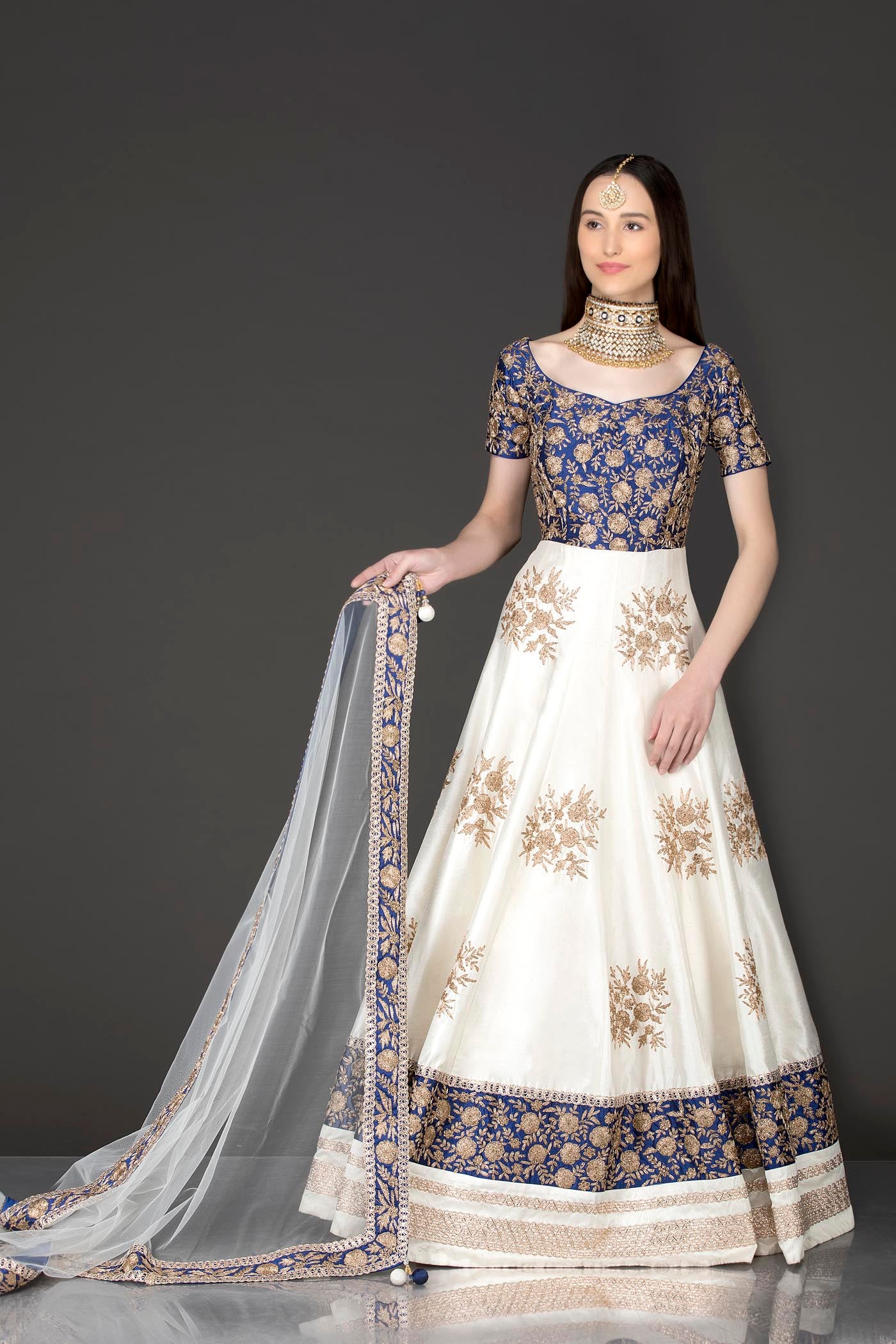 Royal Blue And White Silk Anarkali With Gold Zari Embriodery
