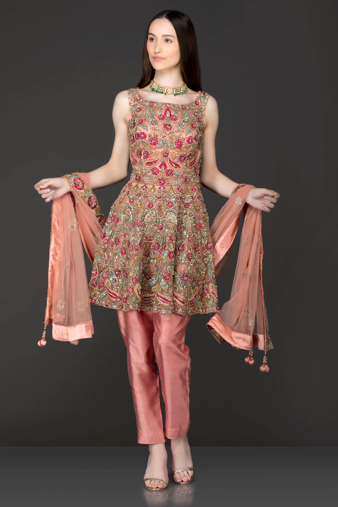 Dark Peach Peplum With Dark Peach Silk Pants/Trousers Embellished With Heavy Embriodery