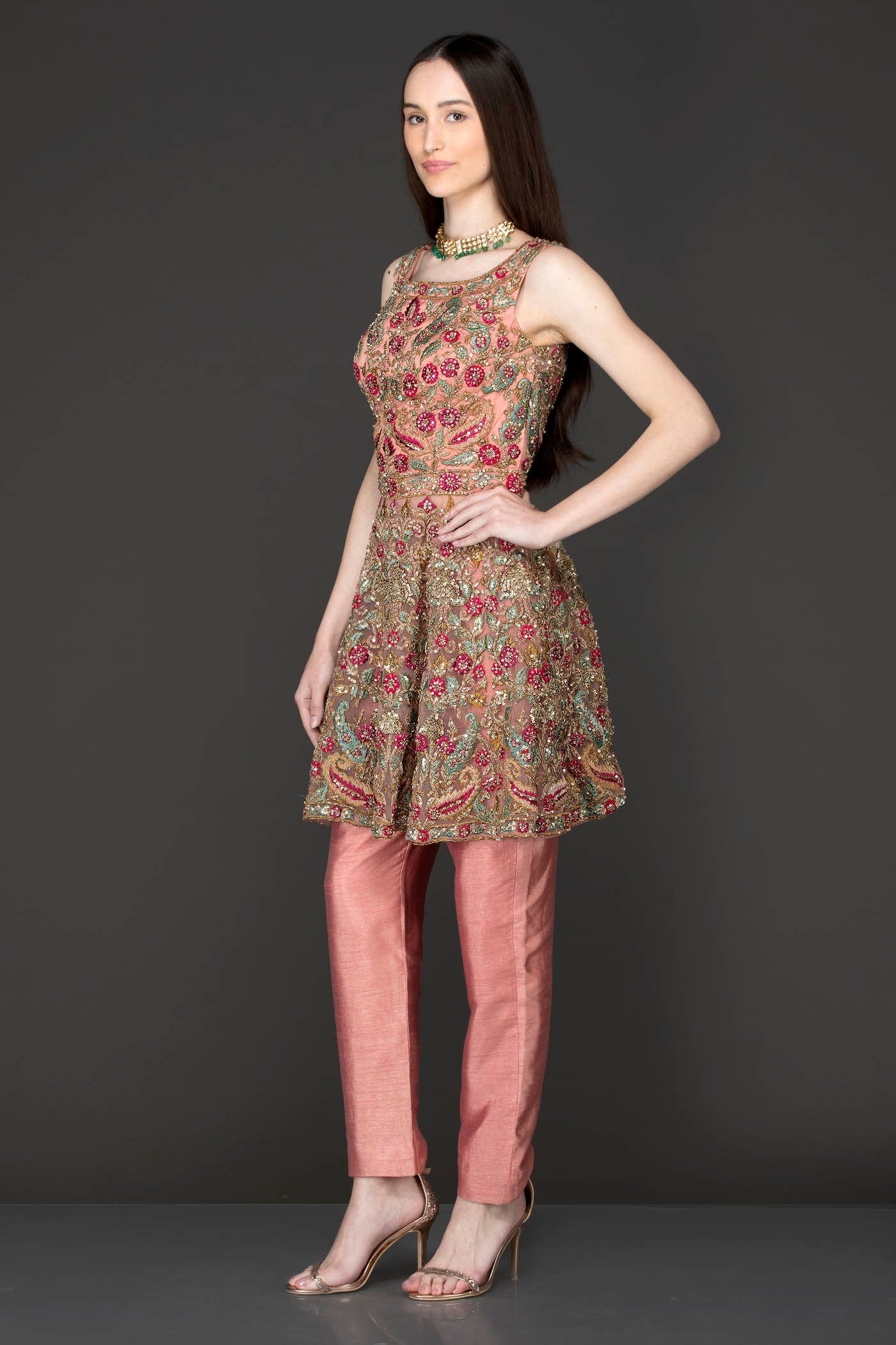 Dark Peach Peplum With Dark Peach Silk Pants/Trousers Embellished With Heavy Embriodery