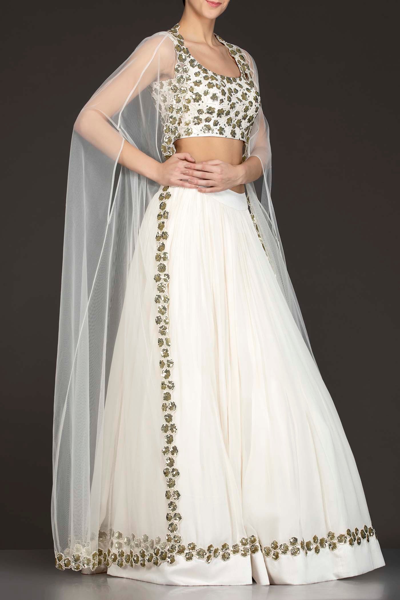 White Georgette Skirt With Net Cape And Silk Top