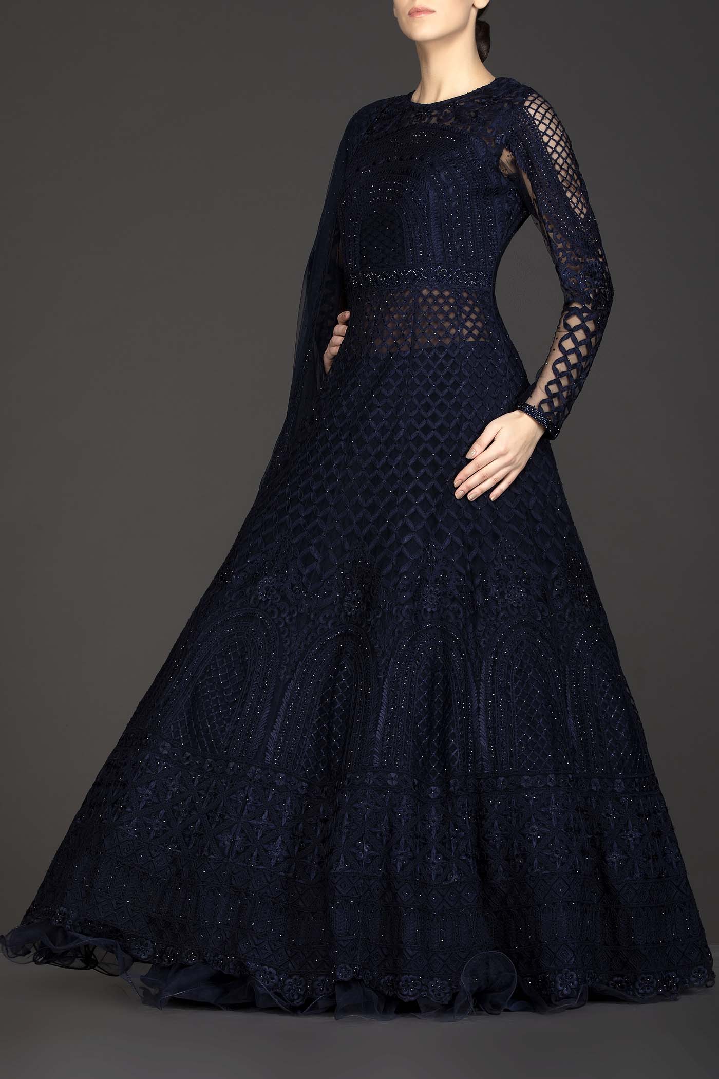 Navy Blue Net Anarkali/Gown With Georgette Skirt And Net Dupatta