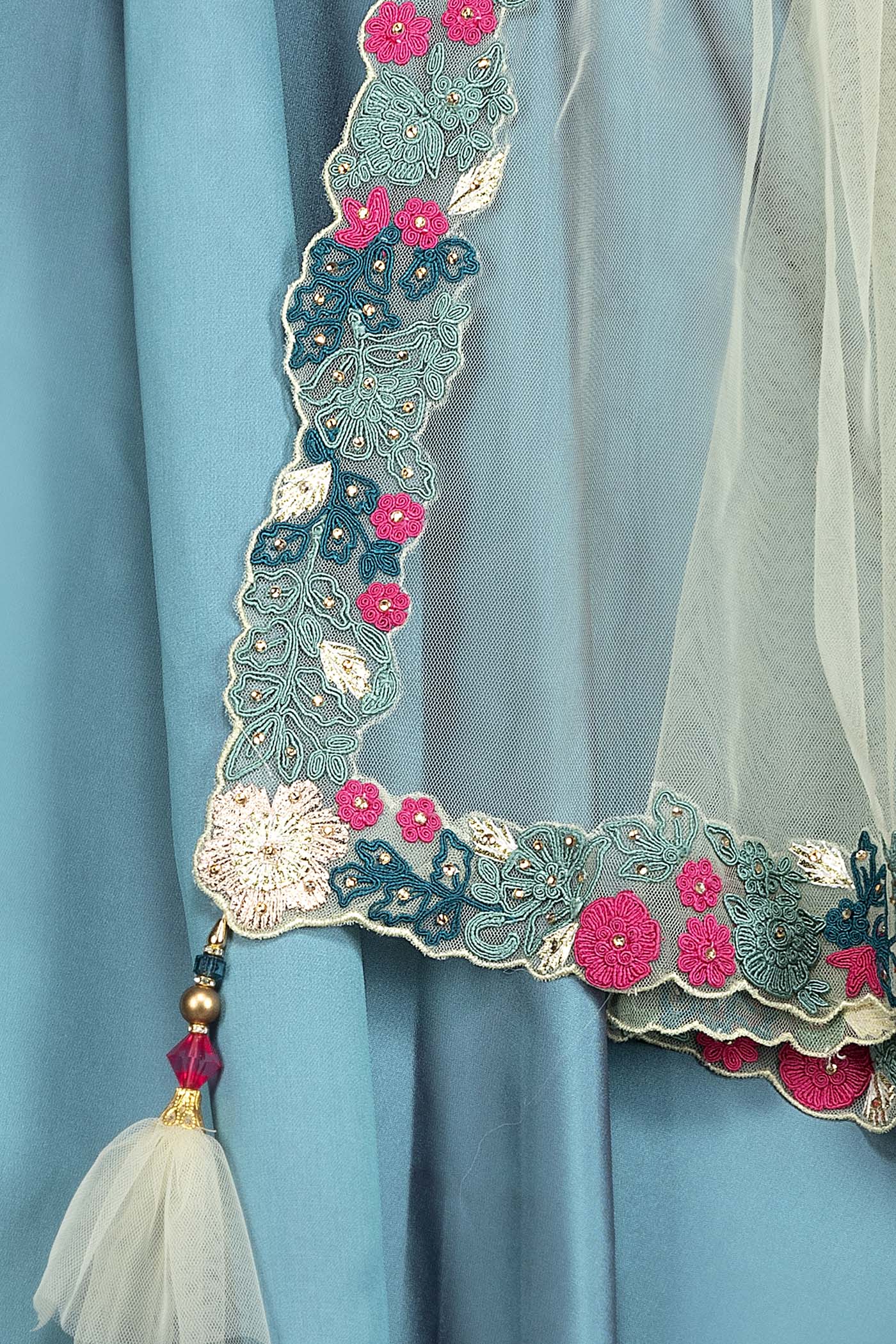 Blue Colour Silk Box Pleat Skirt With Gold Net Top And Dupatta