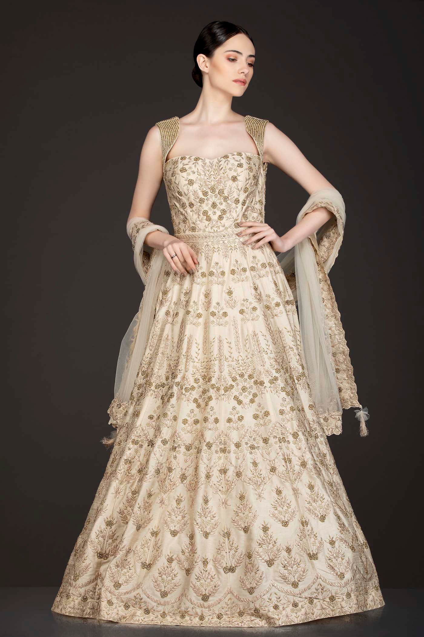 Ivory Gold Colour Silk Anarkali/Gown With Gold Zari And Gota Patti Embriodery