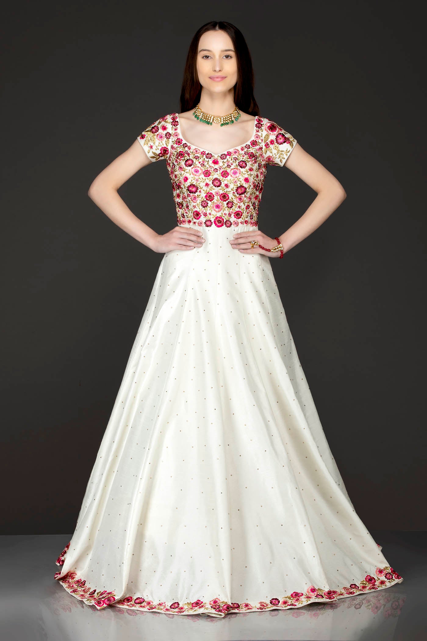 Ivory Silk Anarkali With Pink Resham/Thread Embroidery