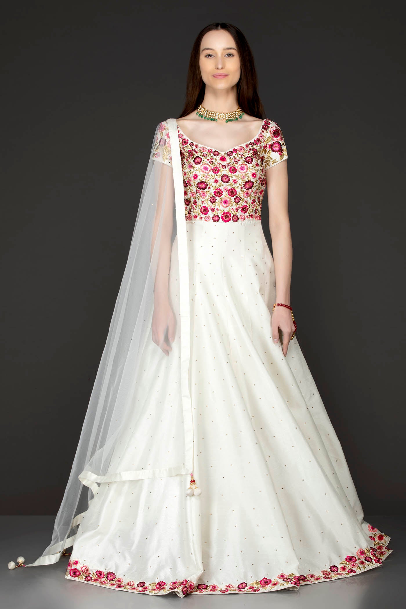 Ivory Silk Anarkali With Pink Resham/Thread Embroidery
