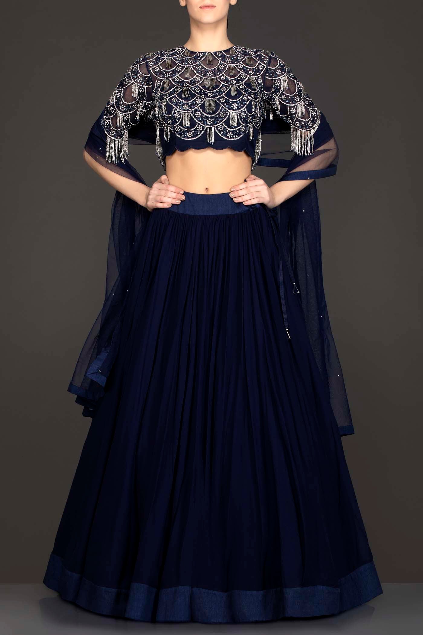 Navy Blue Georgette Skirt And Net Grey Tassel Top With Net Dupatta