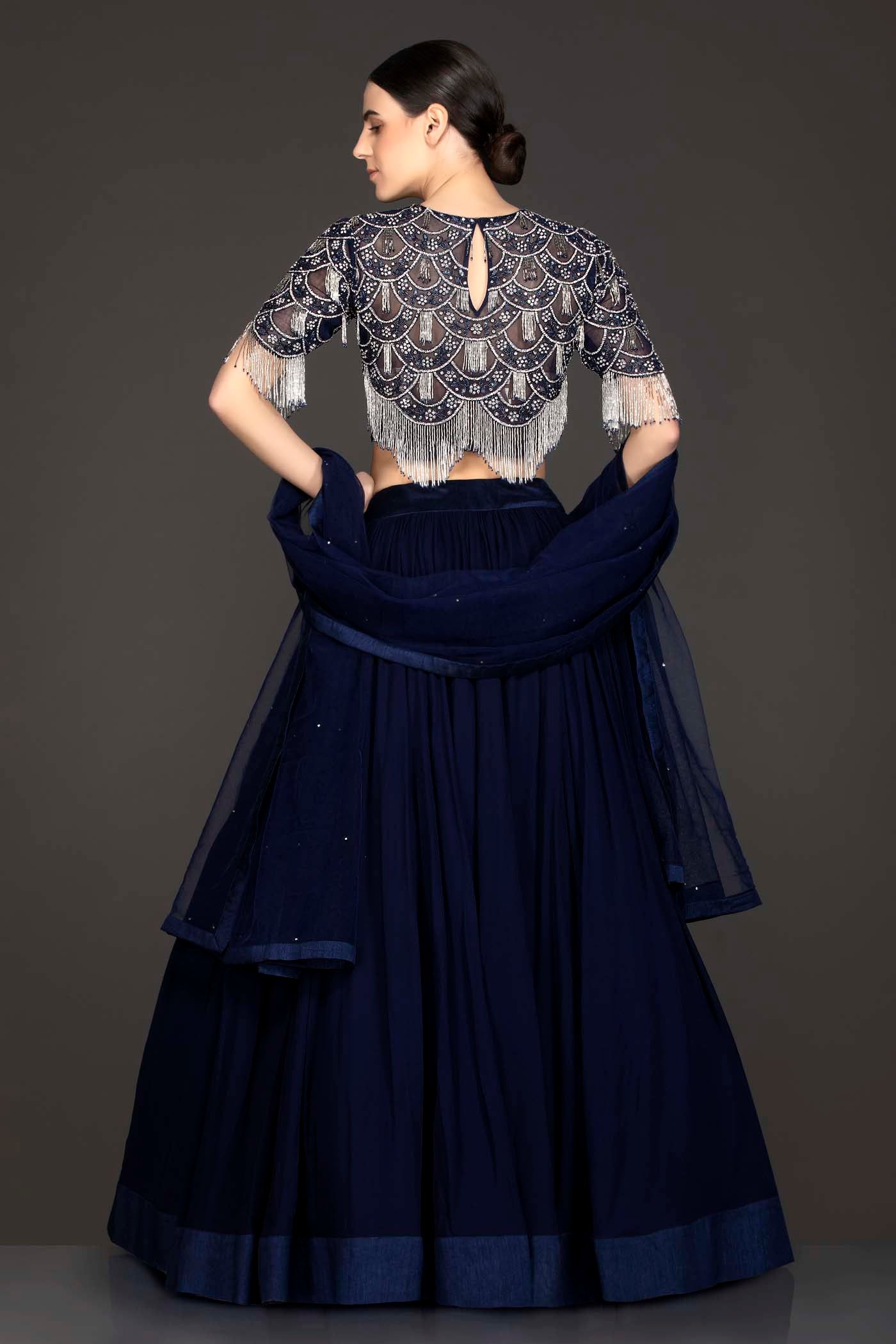 Navy Blue Georgette Skirt And Net Grey Tassel Top With Net Dupatta