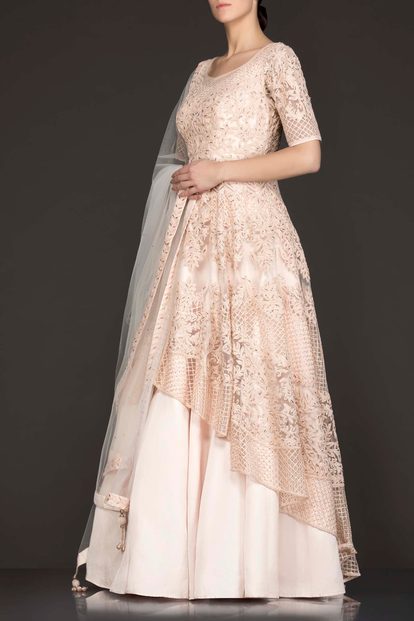 Peach Colour Net Jacket Top With Silk Skirt And Net Dupatta