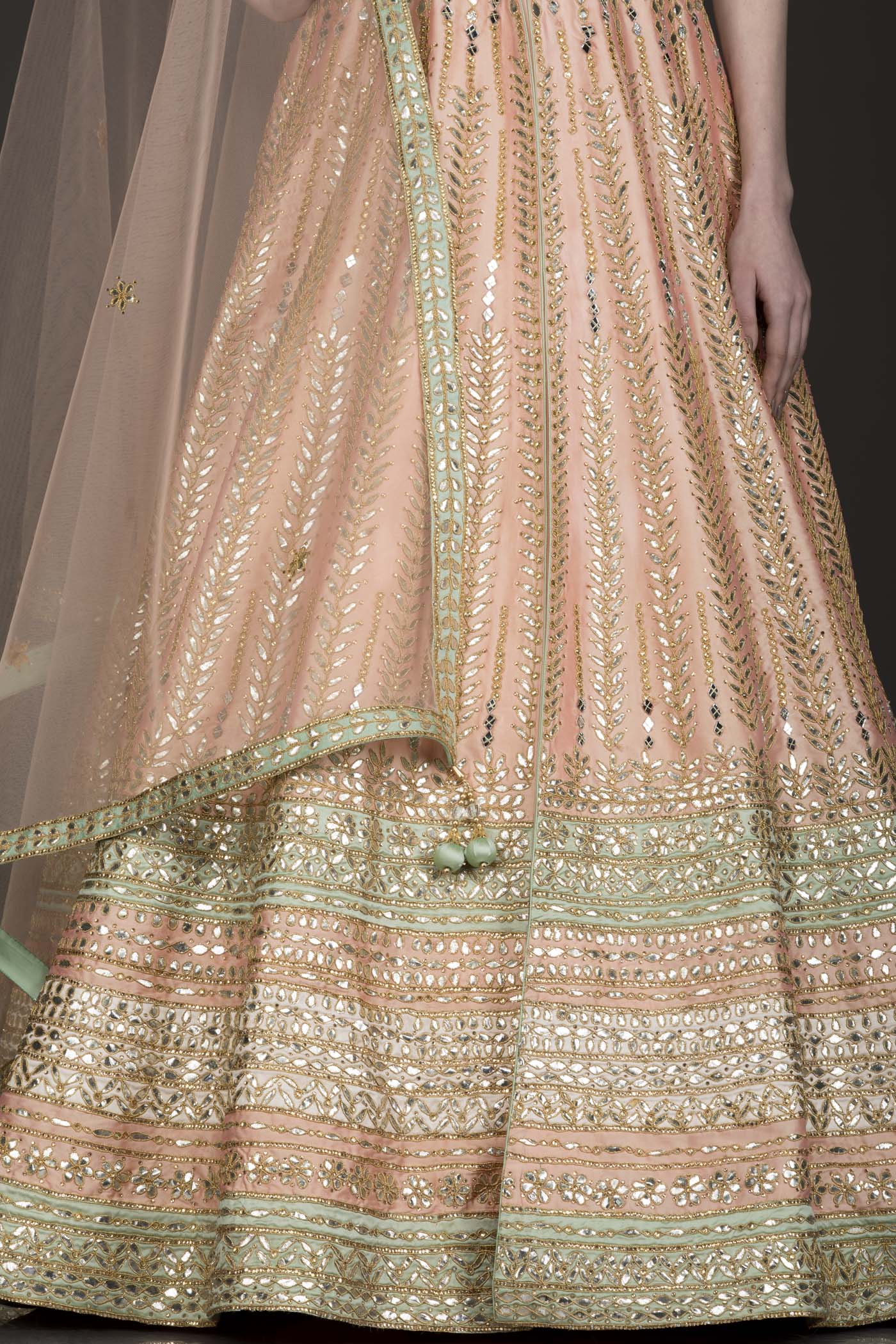 Peach Colour Silk Anarkali/Gown With Front Slit And Attached Skirt With Net Dupatta