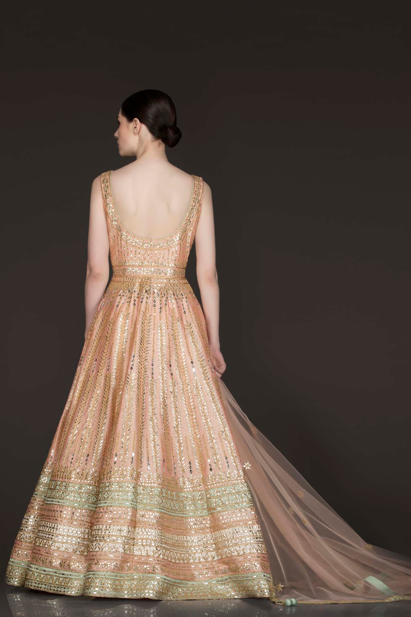 Peach Colour Silk Anarkali/Gown With Front Slit And Attached Skirt With Net Dupatta