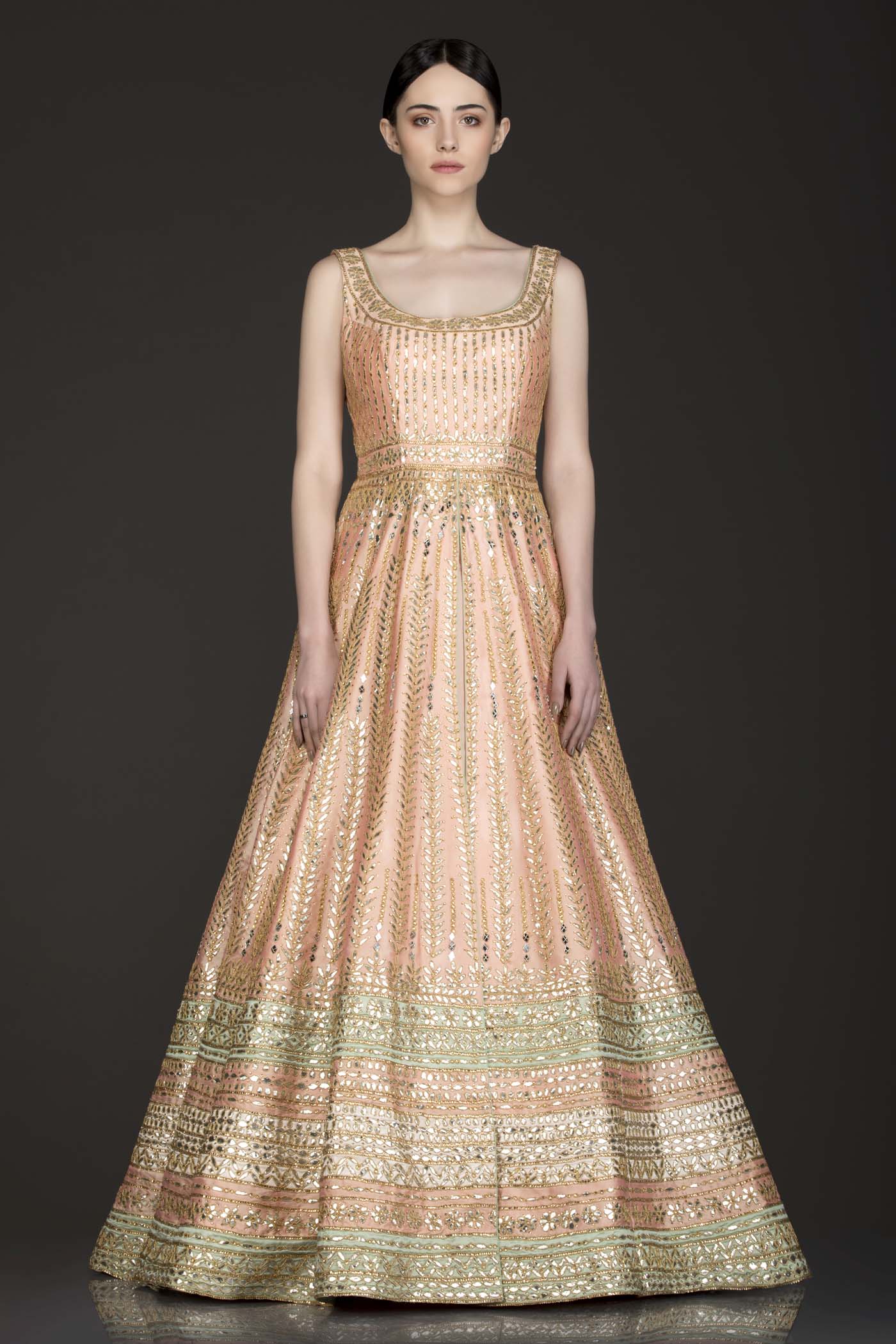 Peach Colour Silk Anarkali/Gown With Front Slit And Attached Skirt With Net Dupatta