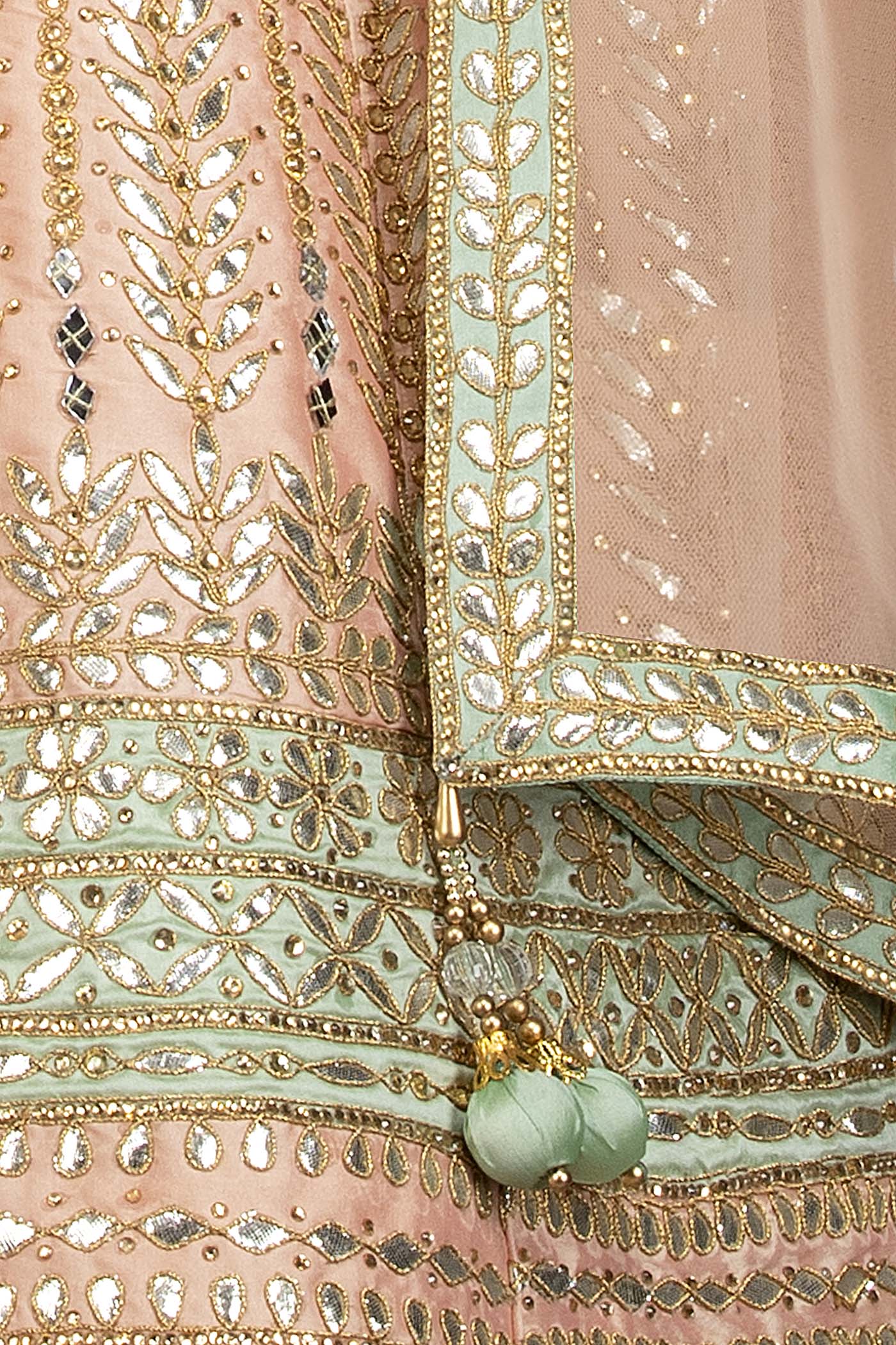 Peach Colour Silk Anarkali/Gown With Front Slit And Attached Skirt With Net Dupatta
