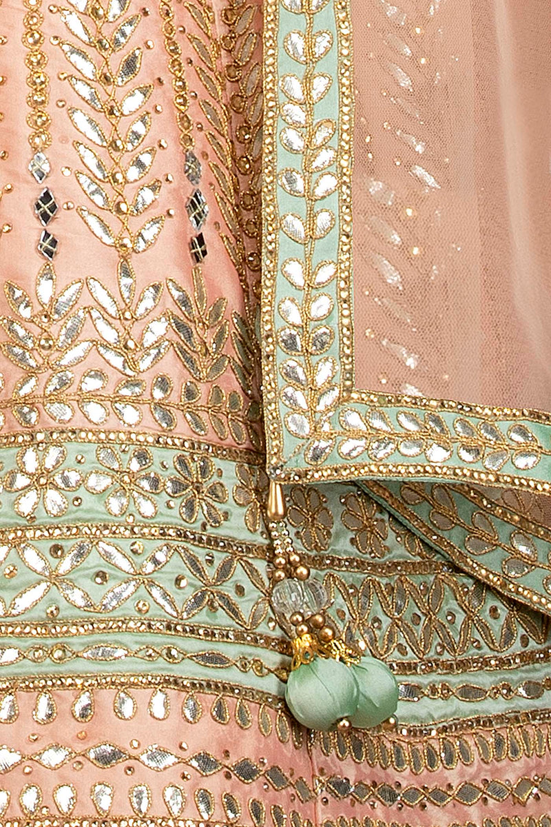 Peach Colour Silk Anarkali/Gown With Front Slit And Attached Skirt With Net Dupatta