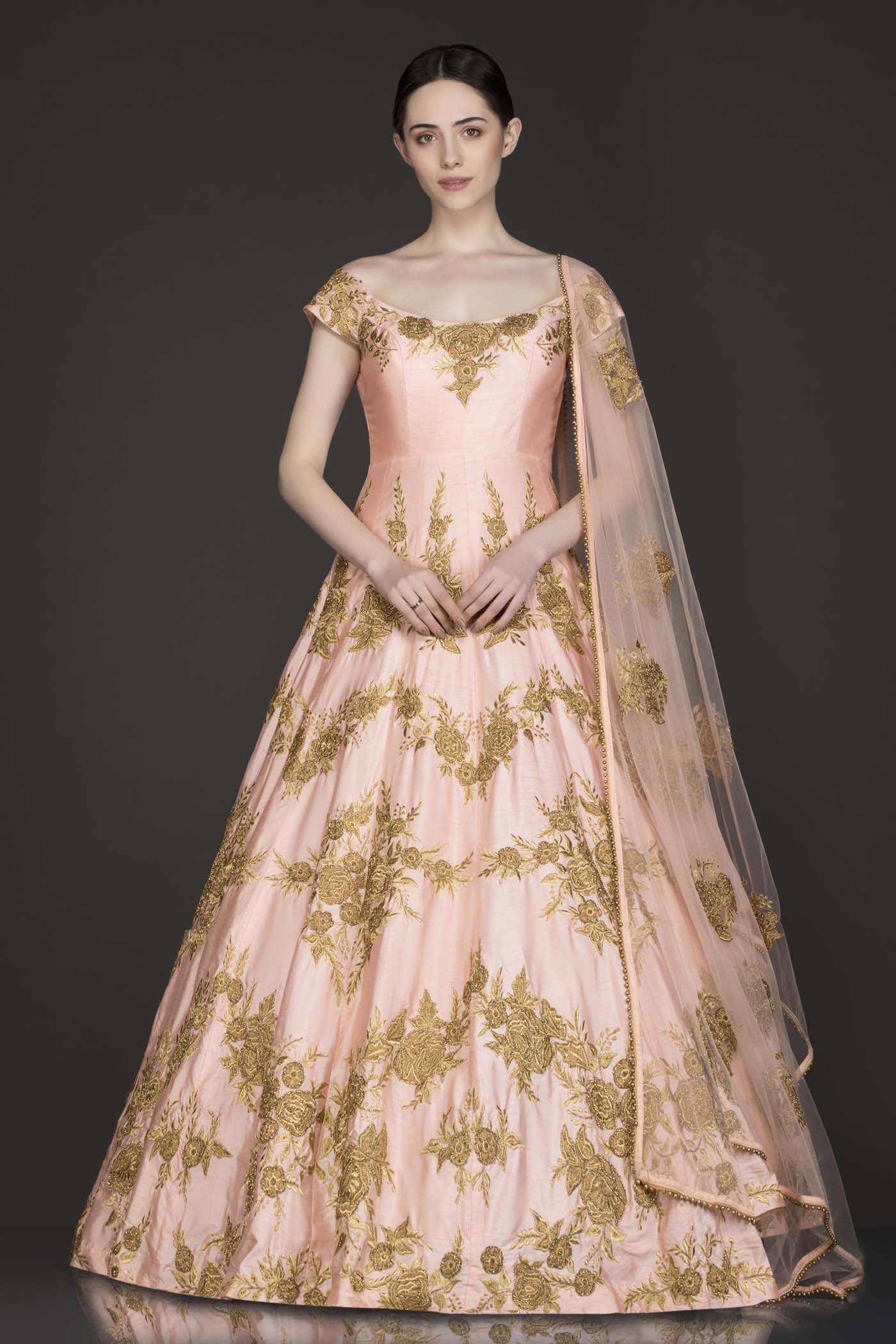 Peach Colour Off Shoulder Anarkali/Gown With Net Dupatta