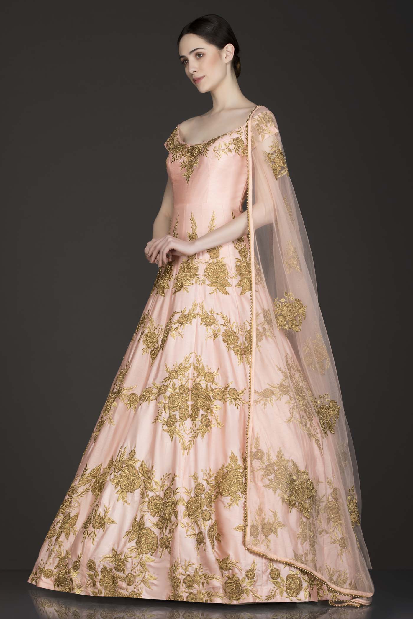 Peach Colour Off Shoulder Anarkali/Gown With Net Dupatta