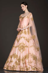 Peach Colour Off Shoulder Anarkali/Gown With Net Dupatta