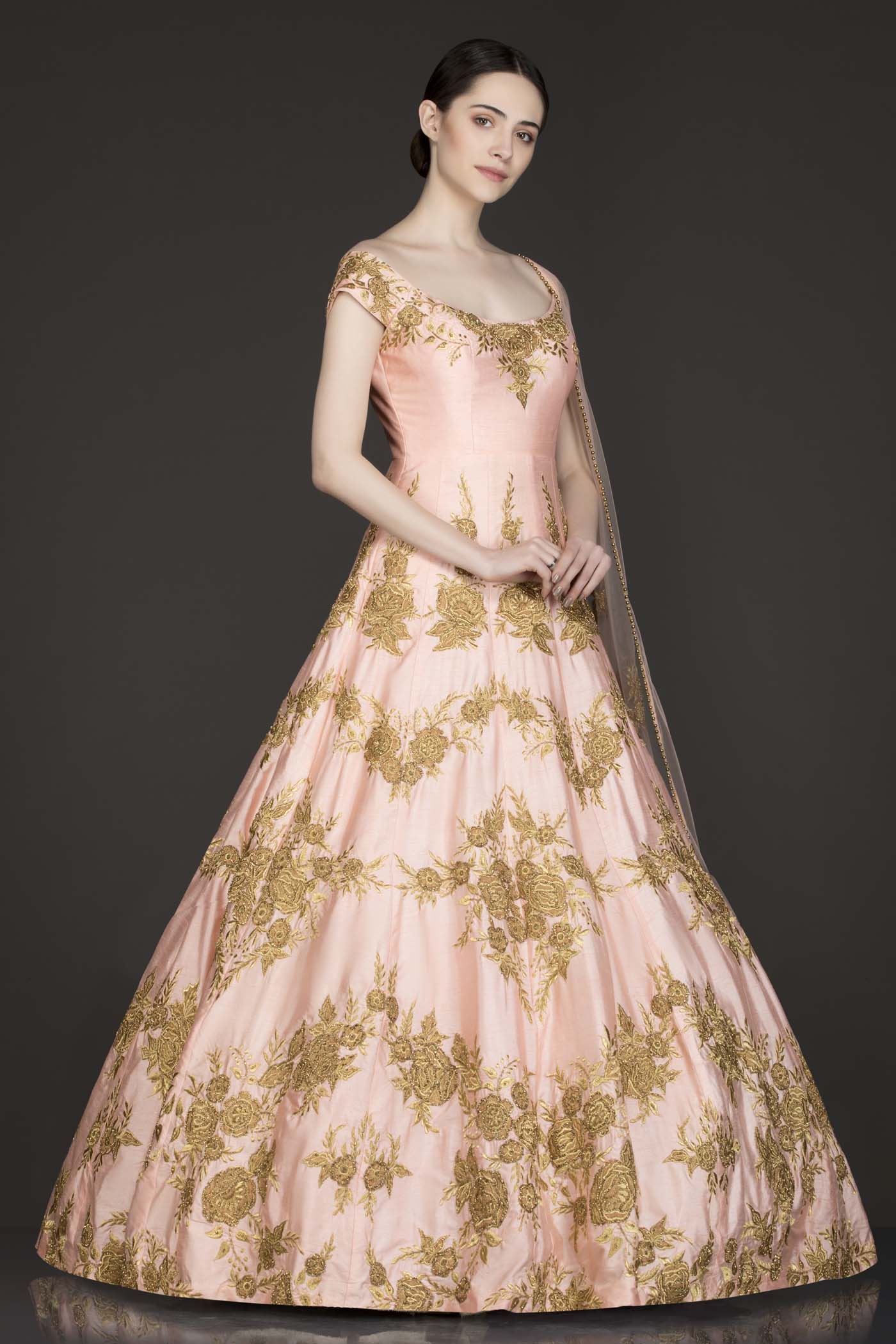 Peach Colour Off Shoulder Anarkali/Gown With Net Dupatta