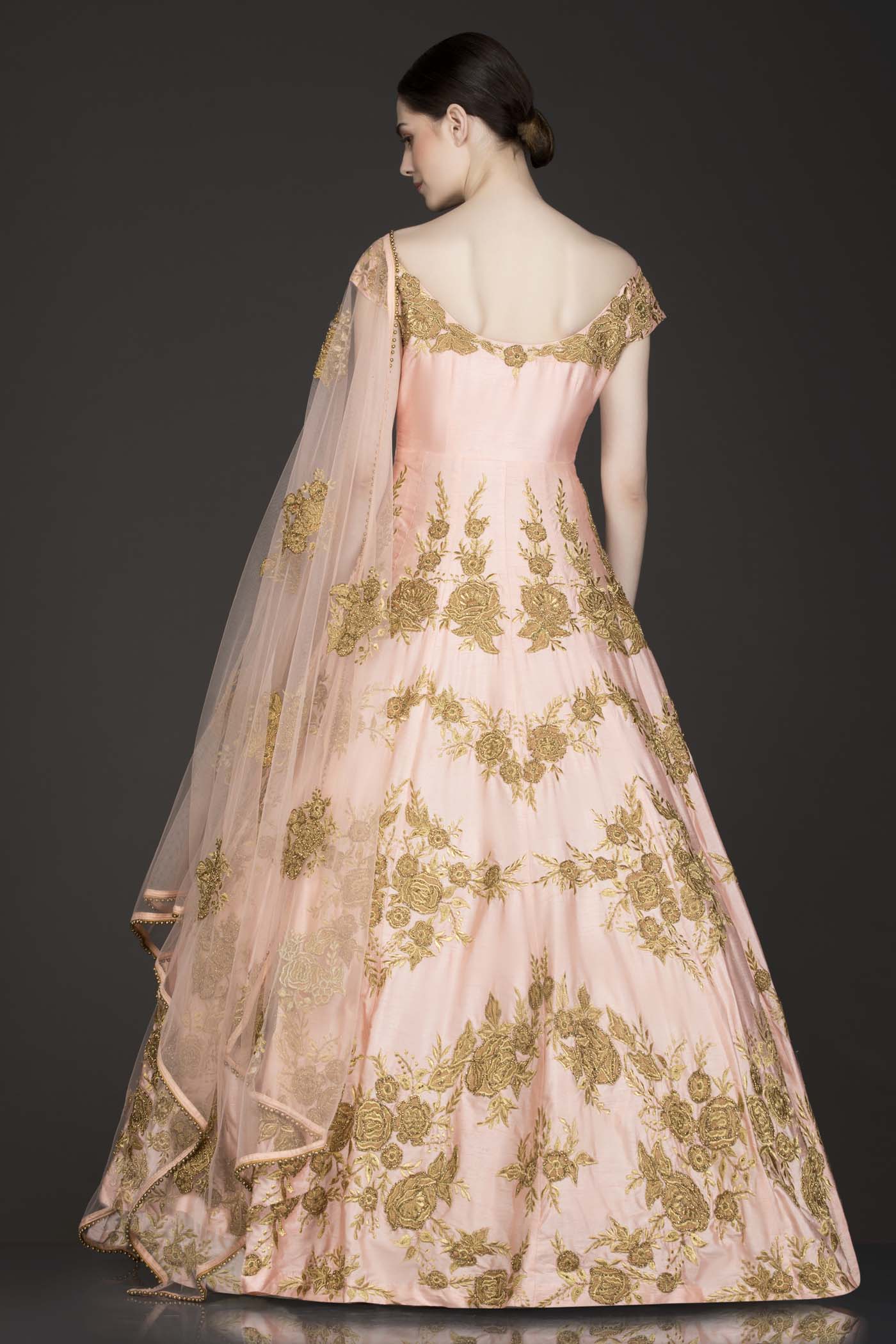 Peach Colour Off Shoulder Anarkali/Gown With Net Dupatta