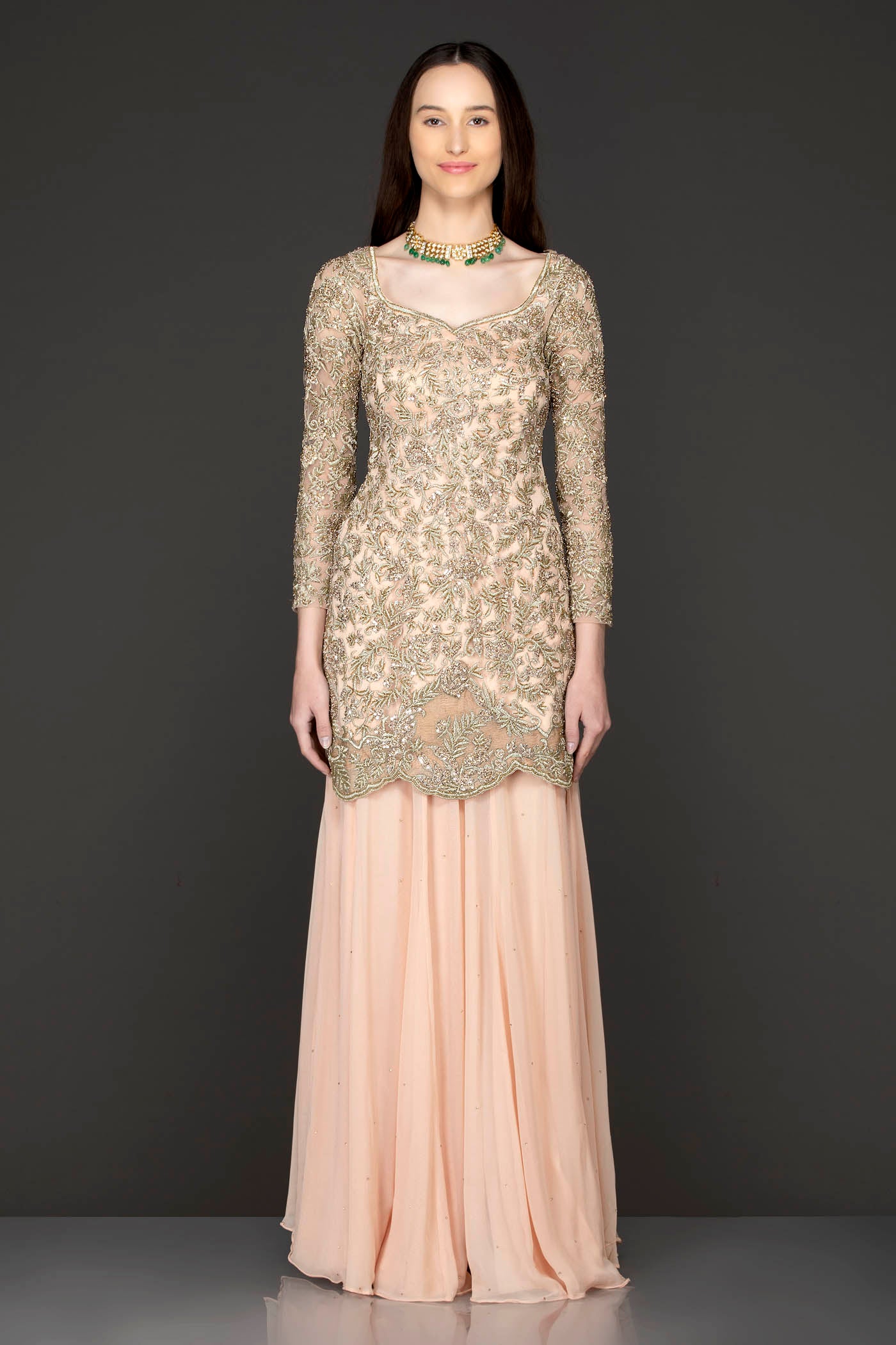 Nude Colour Kameez-Sharara With Gold Zari Embroidery