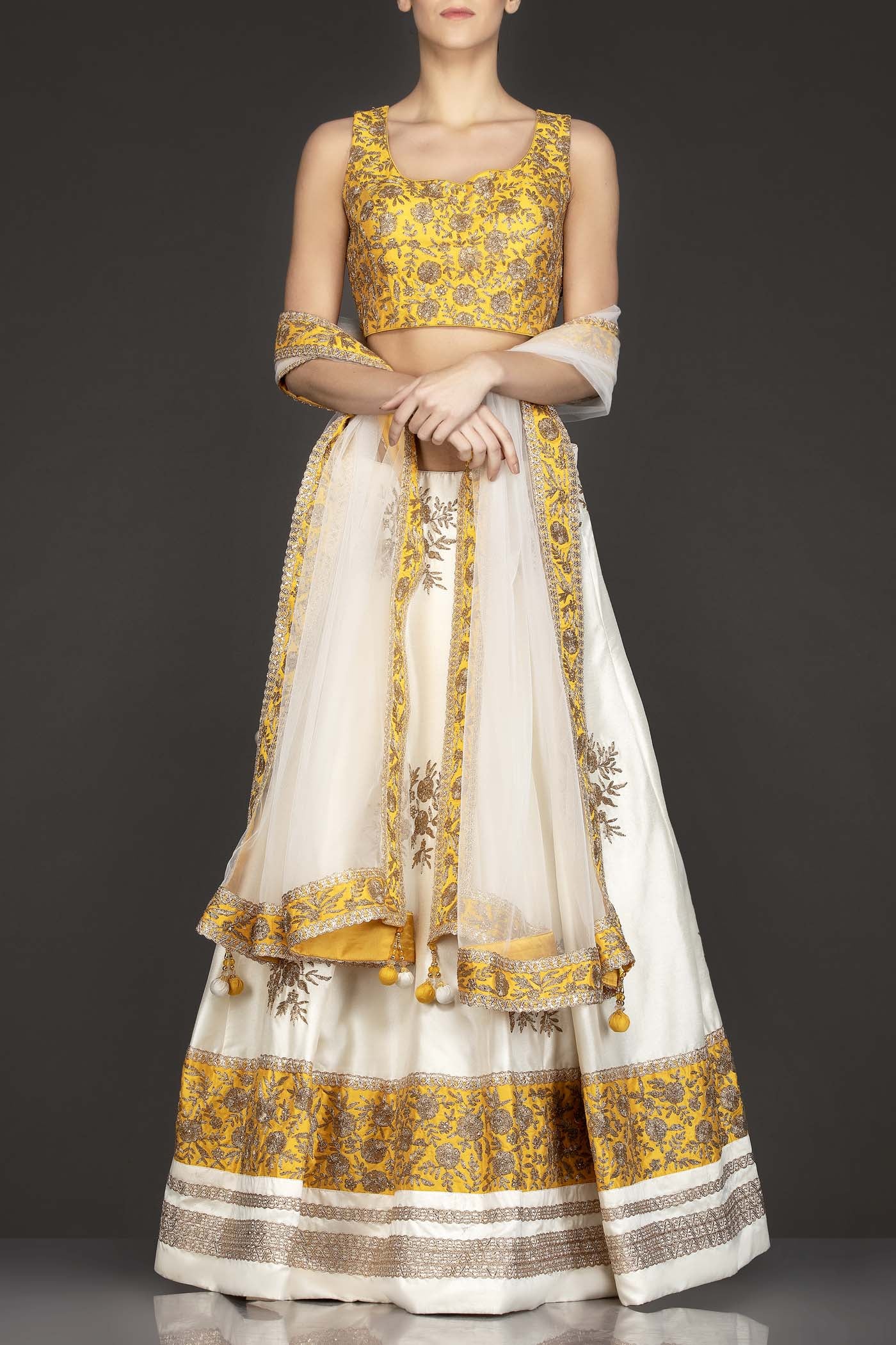 Yellow Silk Top With Ivory Silk Lehenga With Net Dupatta