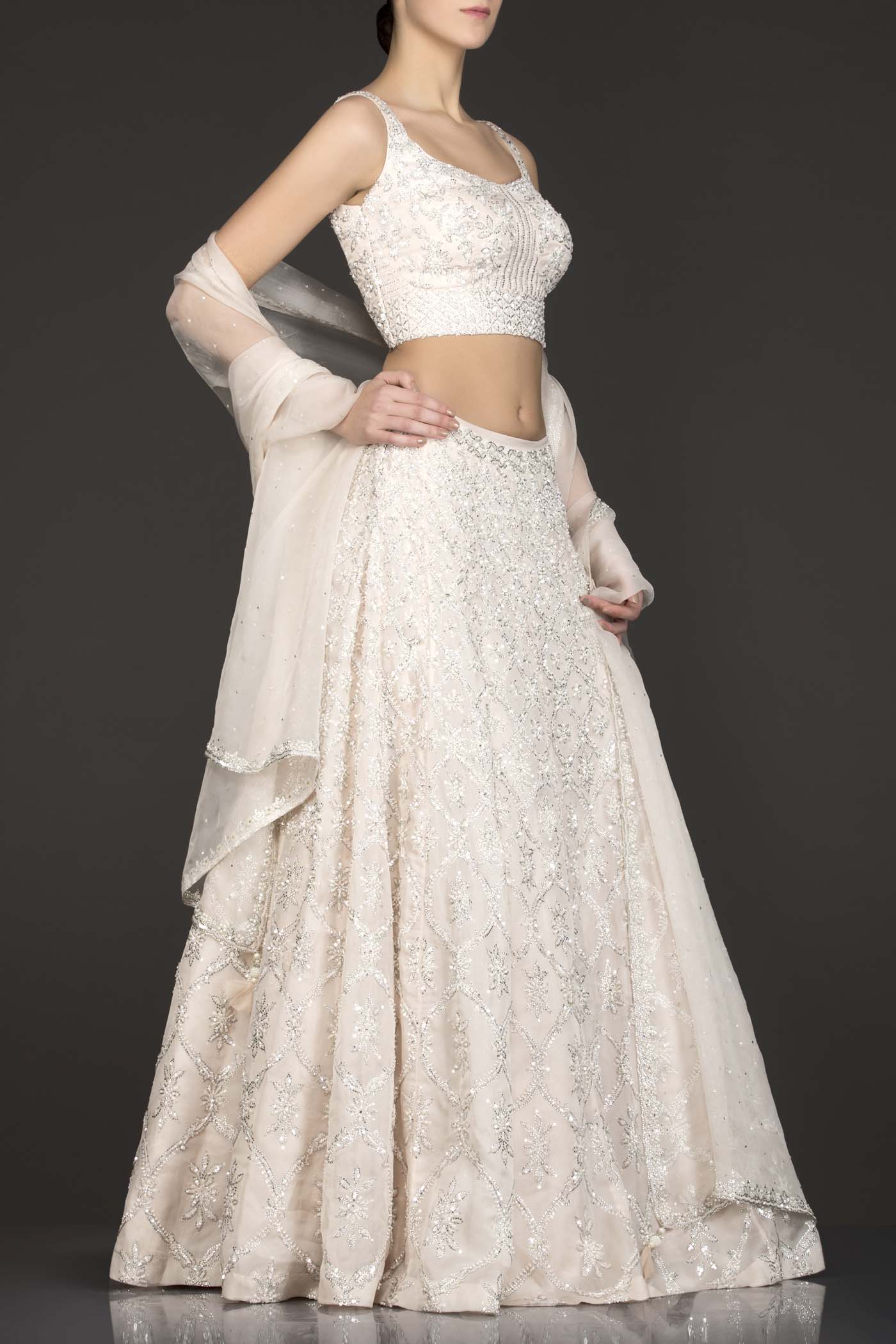 Ivory Colour Organza Lehenga Top With Silver Work And Net Dupatta