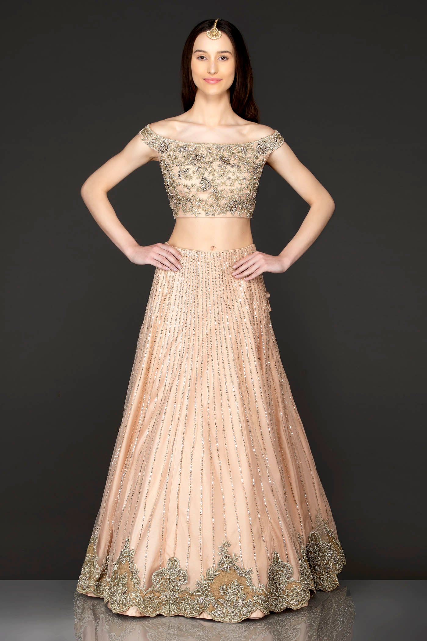 Nude Colour Net Off Shoulder Top And Skirt With Net Dupatta Gold Zari And Sequence Embroidery