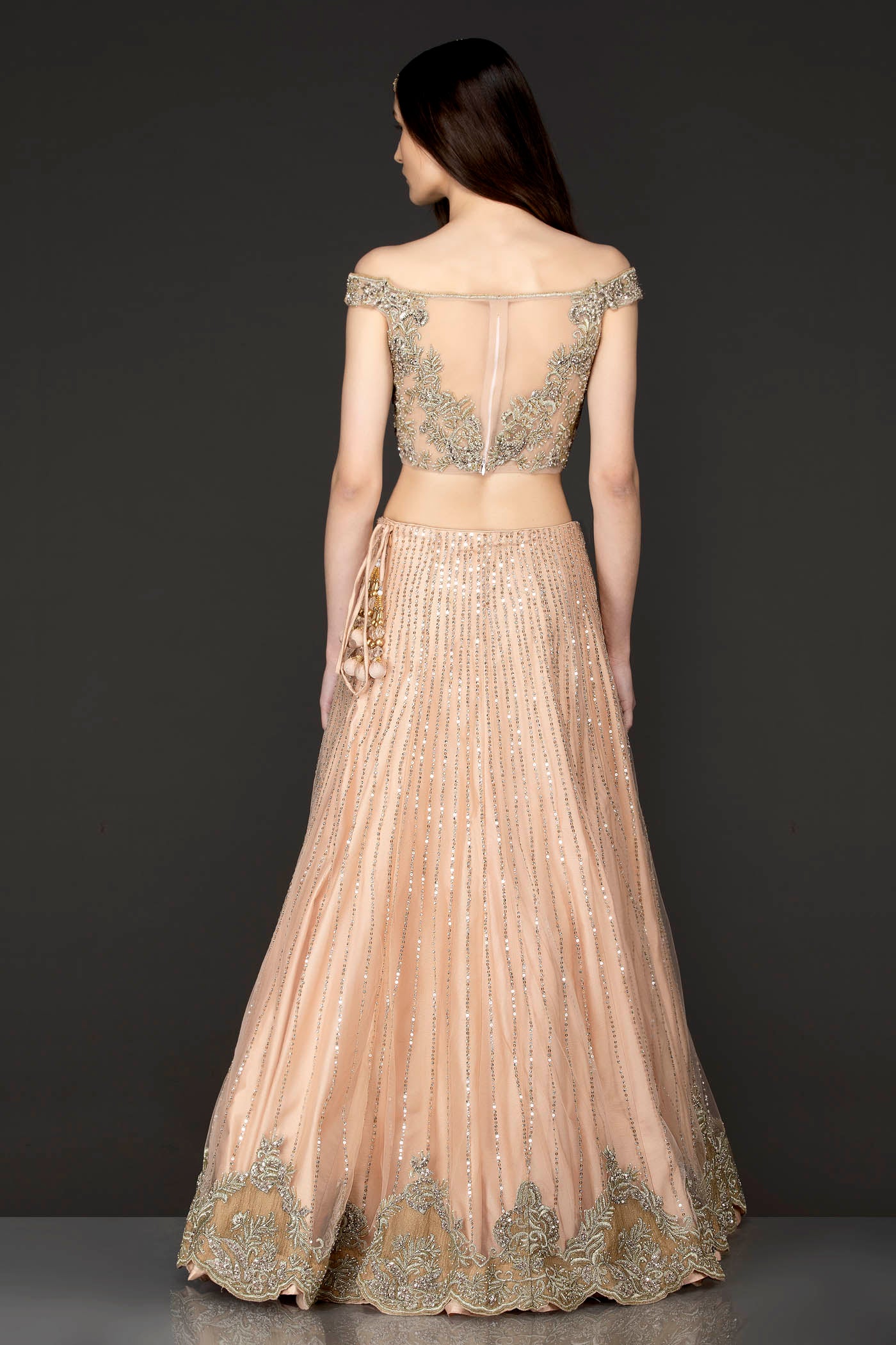 Nude Colour Net Off Shoulder Top And Skirt With Net Dupatta Gold Zari And Sequence Embroidery