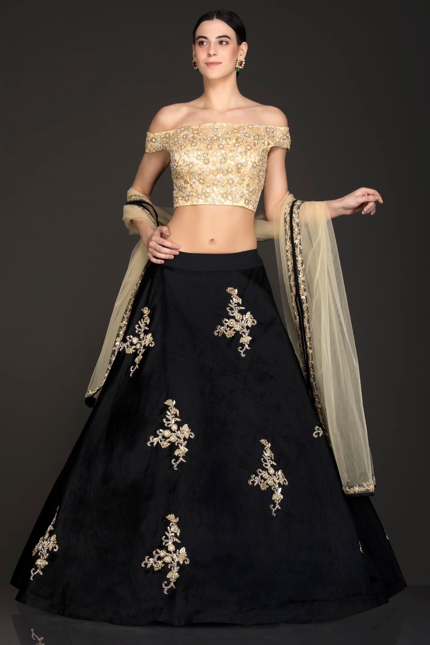 Gold Net Top With Black Silk Skirt With Gold Dupatta Adorned With Hand Embellishment