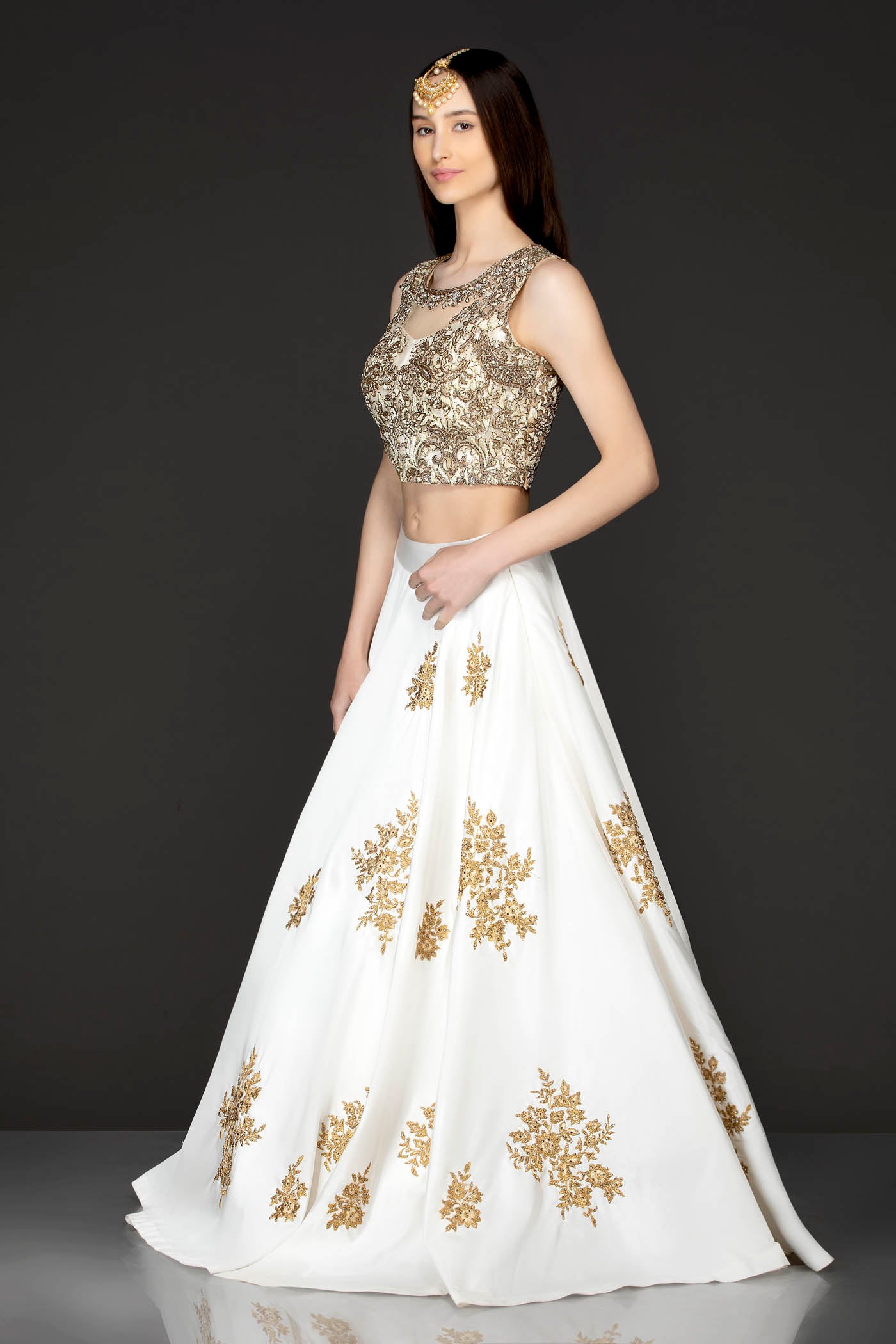 Ivory Silk Skirt And Gold Net Top With Gold Dabka And White Thread Embroidery